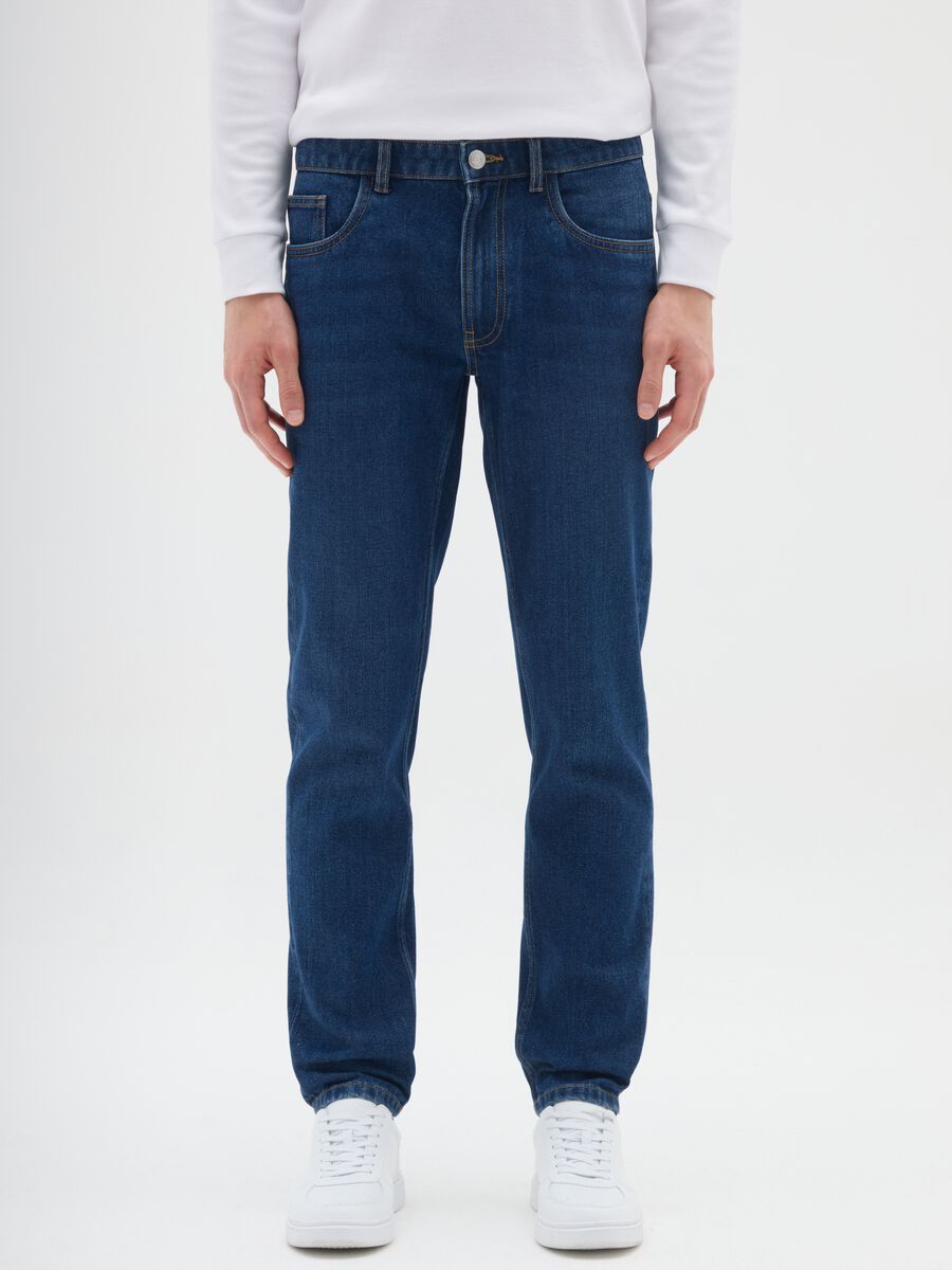 Blue denim cotton blend slim fit jeans_1