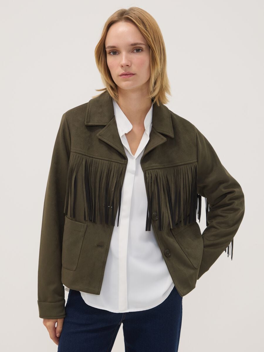 Green fringed jacket with patch pockets_0