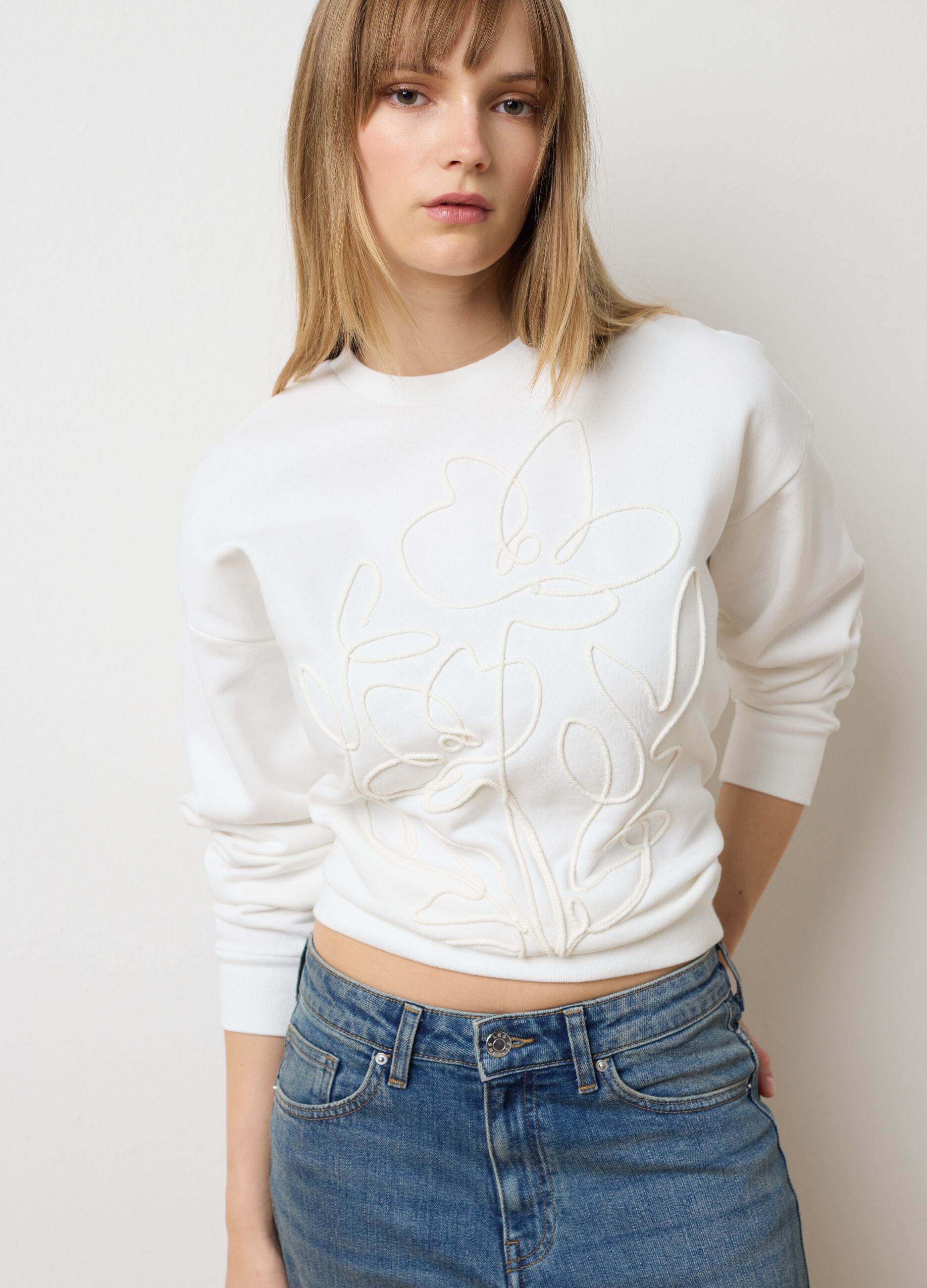 White Sweatshirt with Floral Embroidery