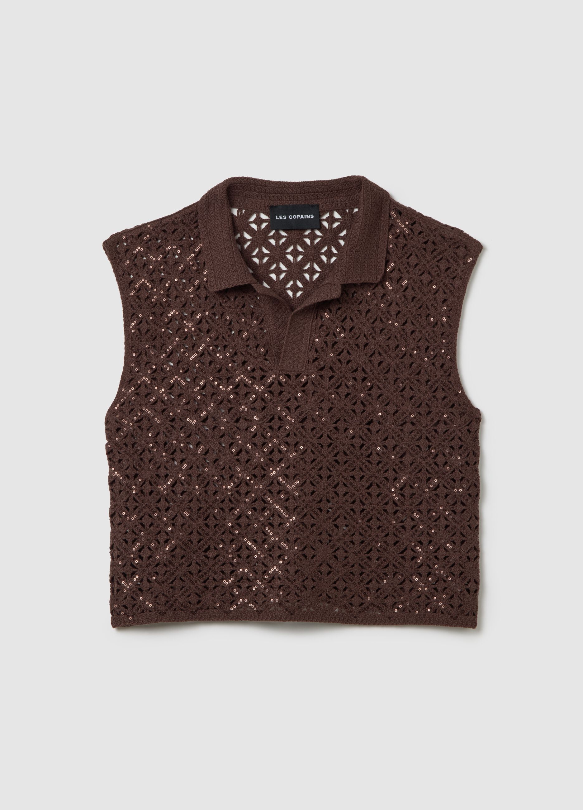 Brown cotton blend fitted women's top with sequins