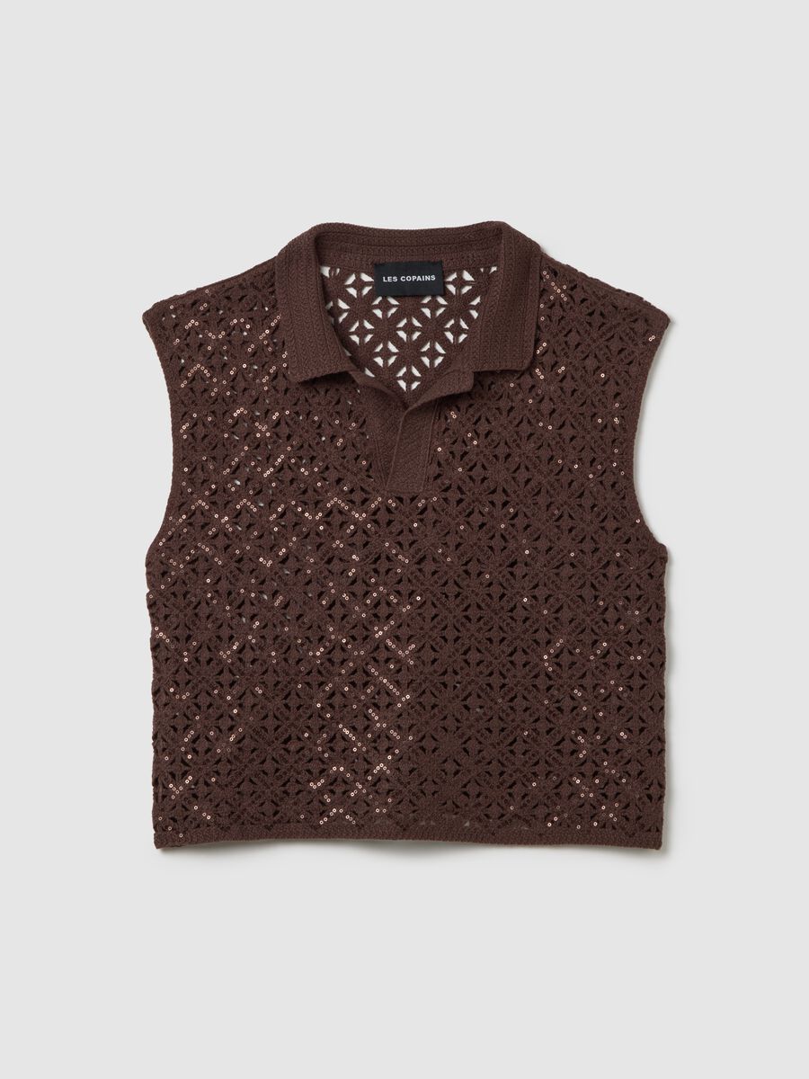 Brown cotton blend fitted women's top with sequins_4