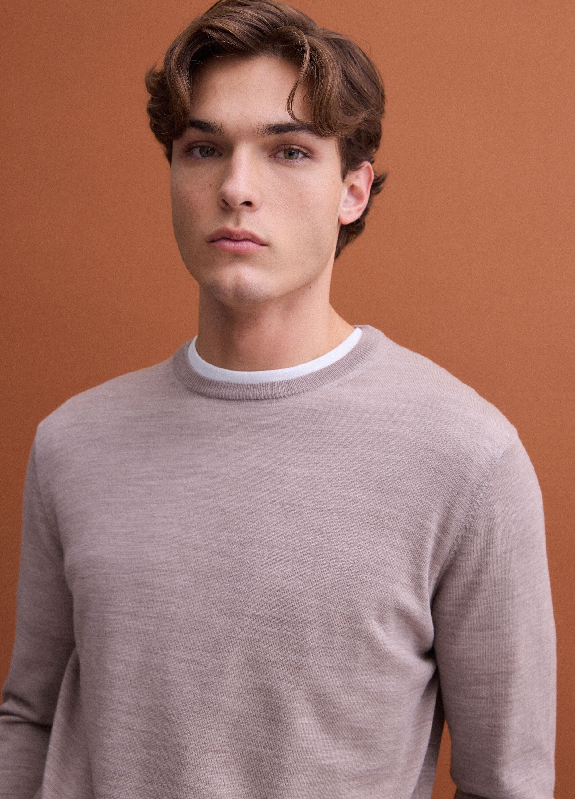 Beige pure merino wool crew-neck jumper, regular fit