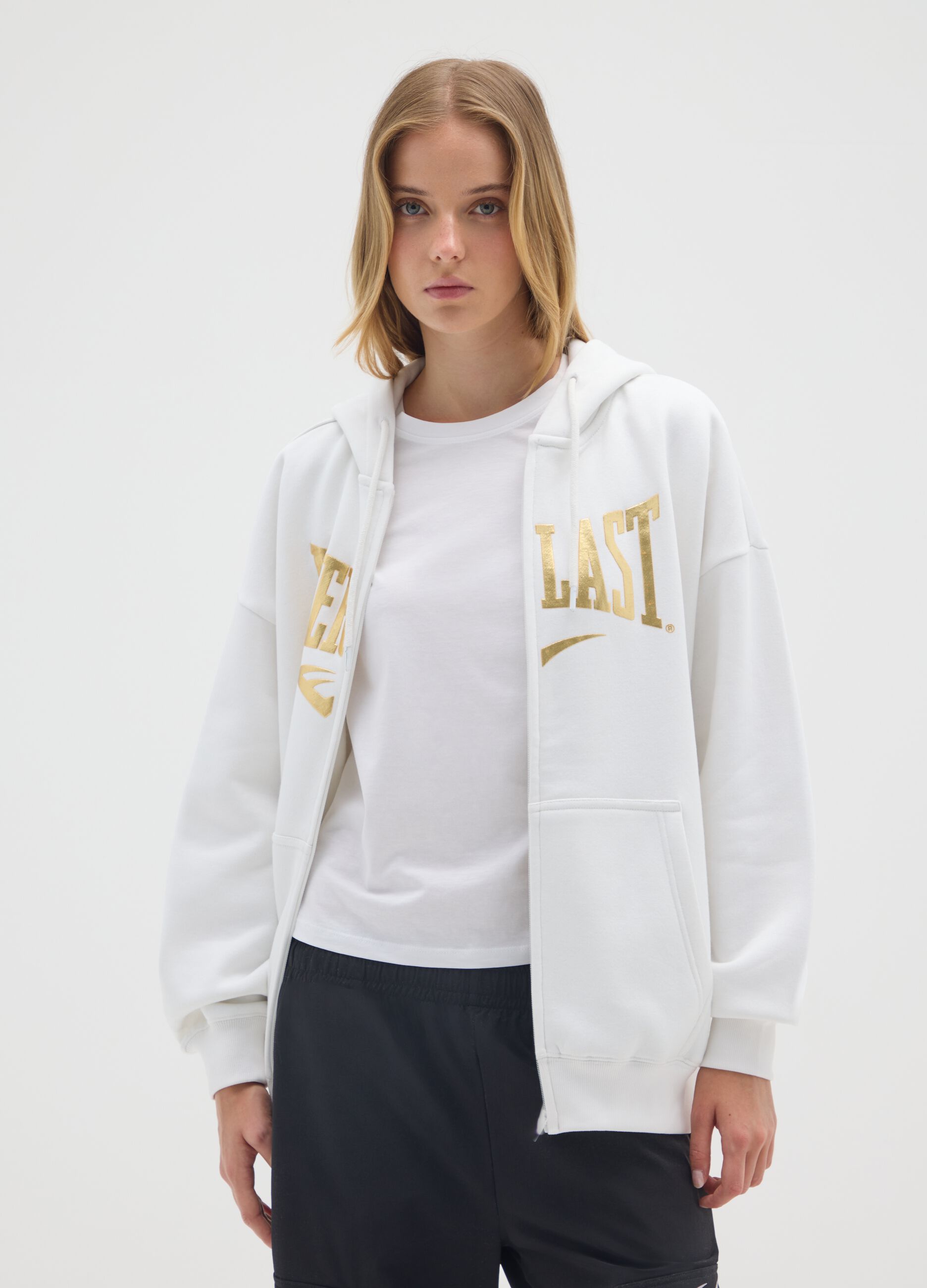 White cotton-blend zip hoodie with print