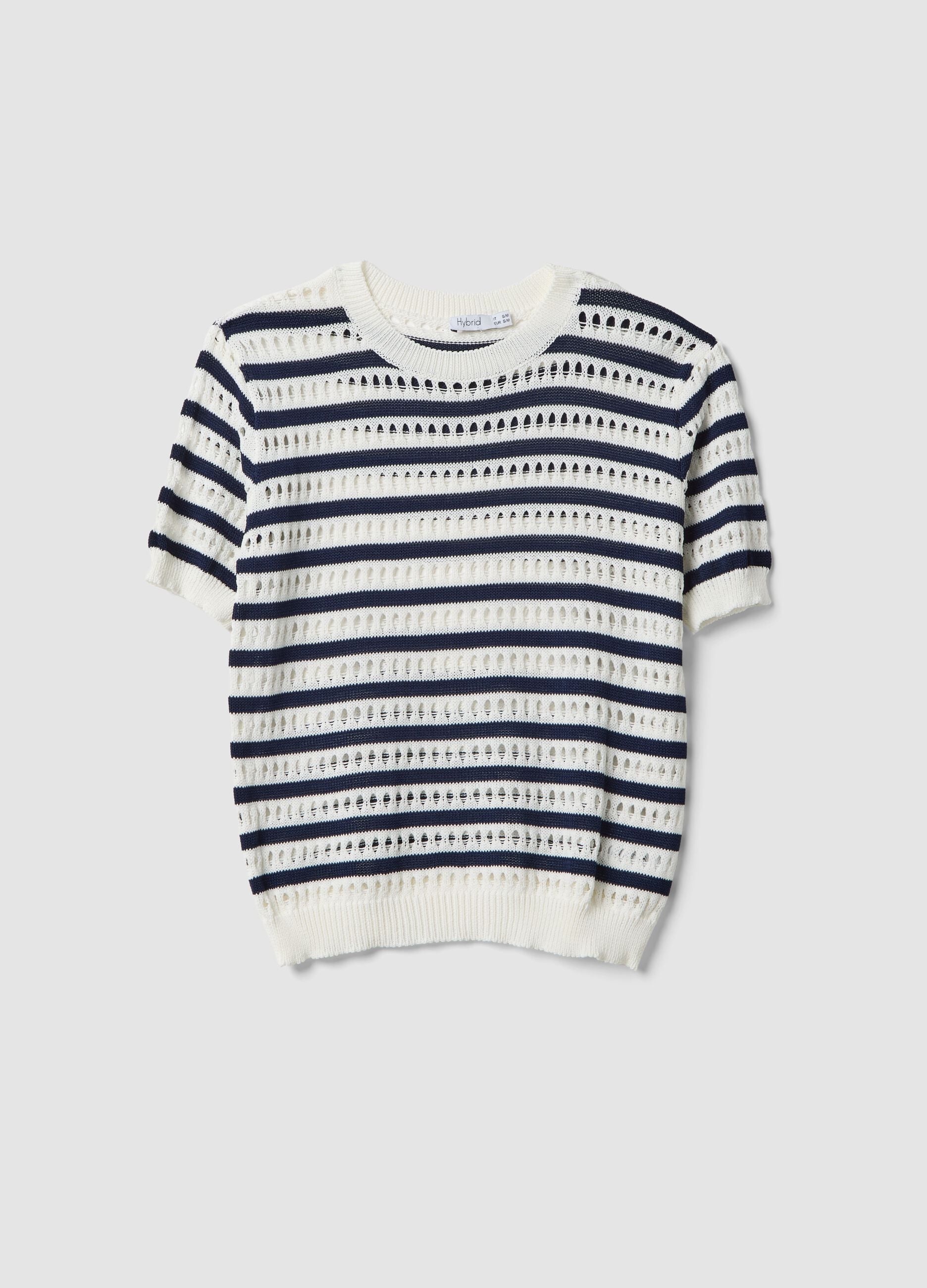 White and blue striped regular-fit openwork viscose-blend T-shirt