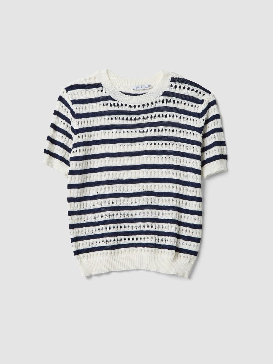 White and blue striped regular-fit openwork viscose-blend T-shirt_4
