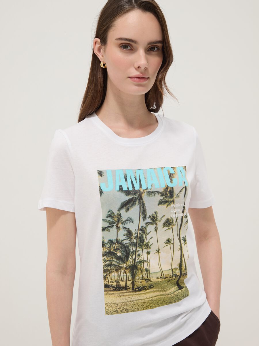 White pure cotton T-shirt with front print, regular fit_0
