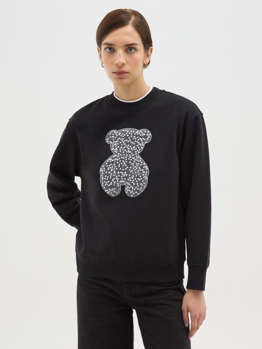 Felpa nera  in misto cotone relaxed fit con orsetto glitterato_0