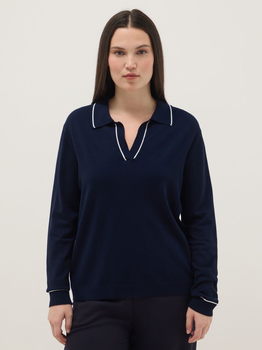 Blue viscose blend jumper with polo collar regular fit_0