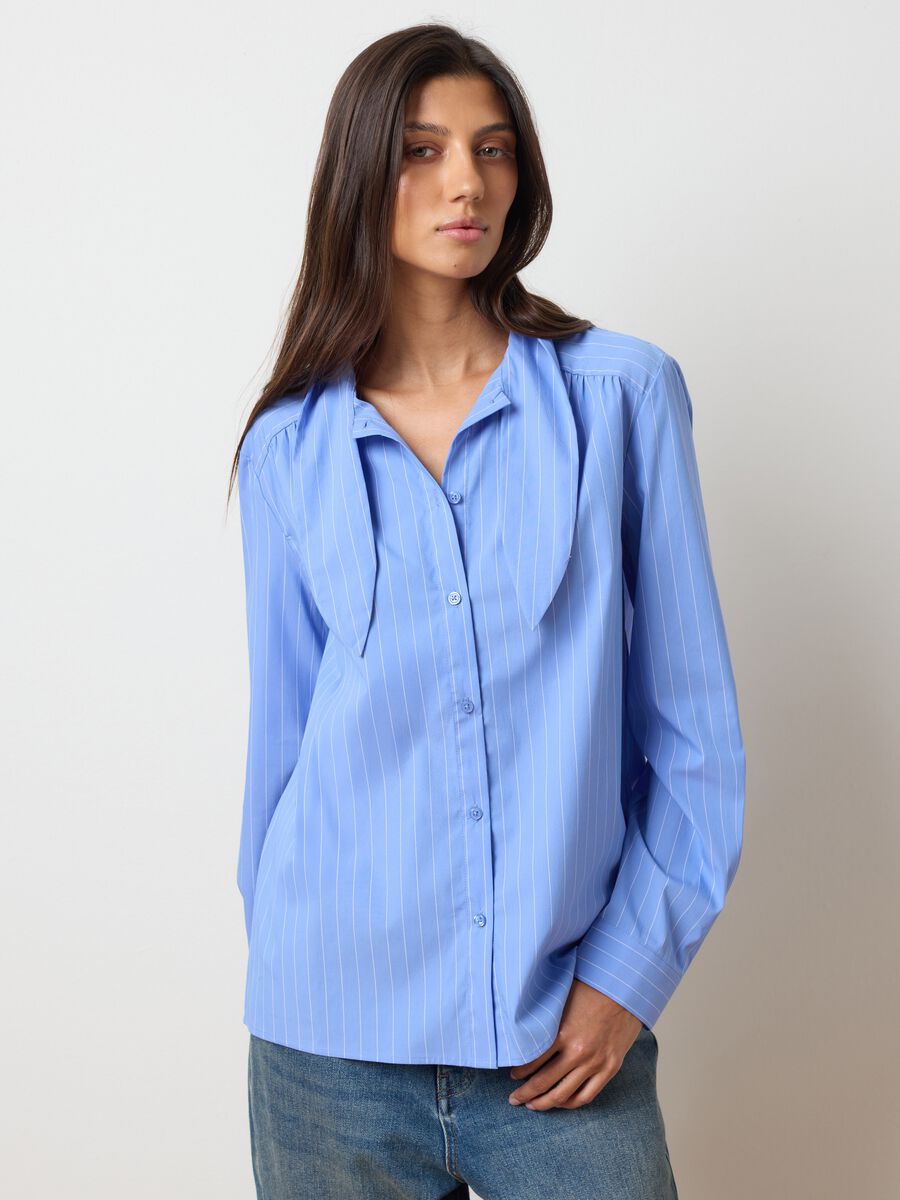Sky blue cotton blend striped oversized shirt_1