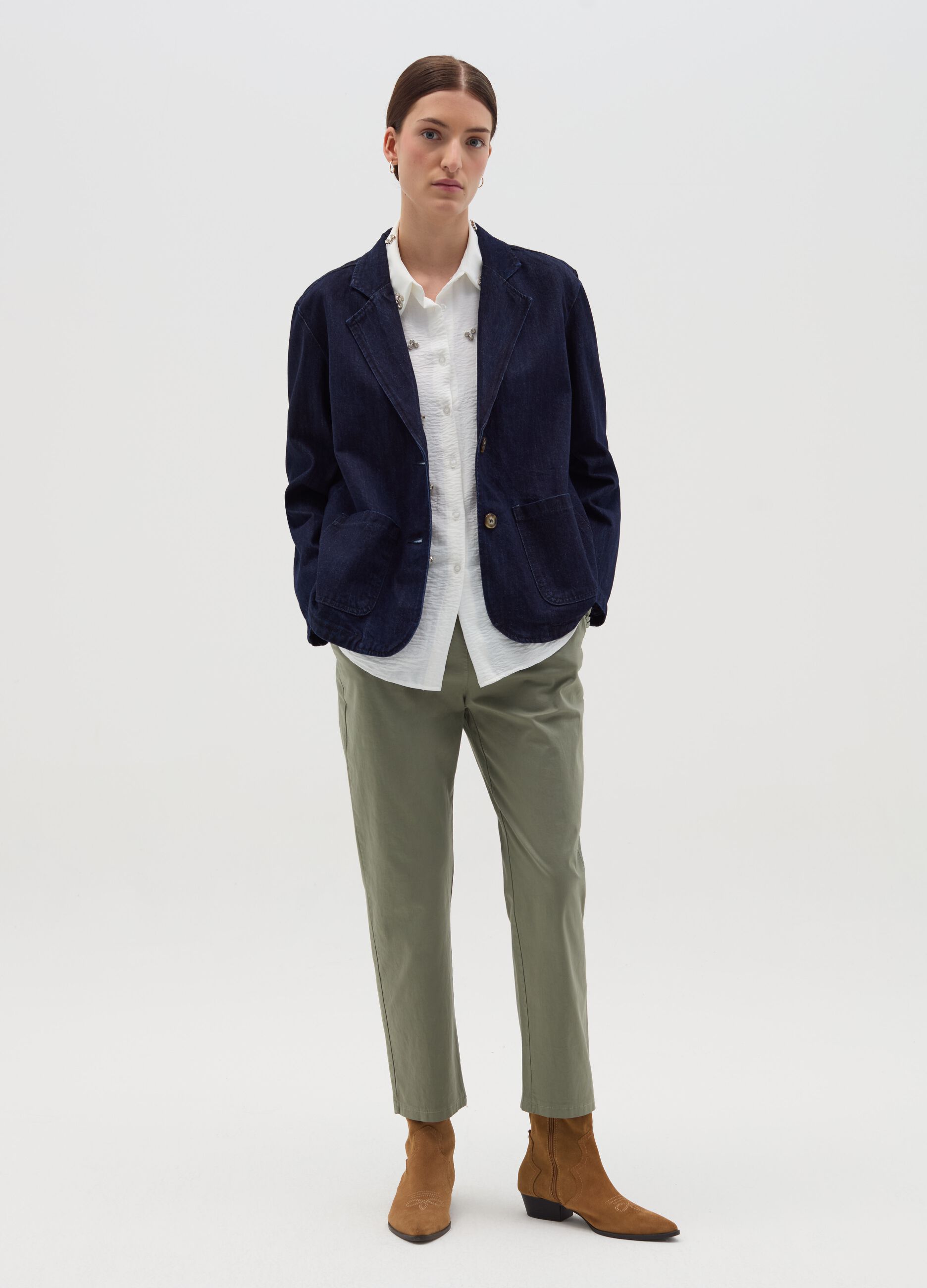 Stretch cotton trousers with drawstring
