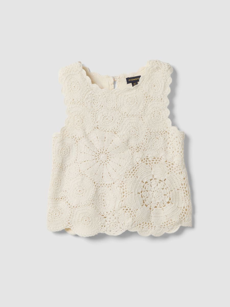 Tank top in puro cotone bianco da bambina con motivo a maglia floreale_0