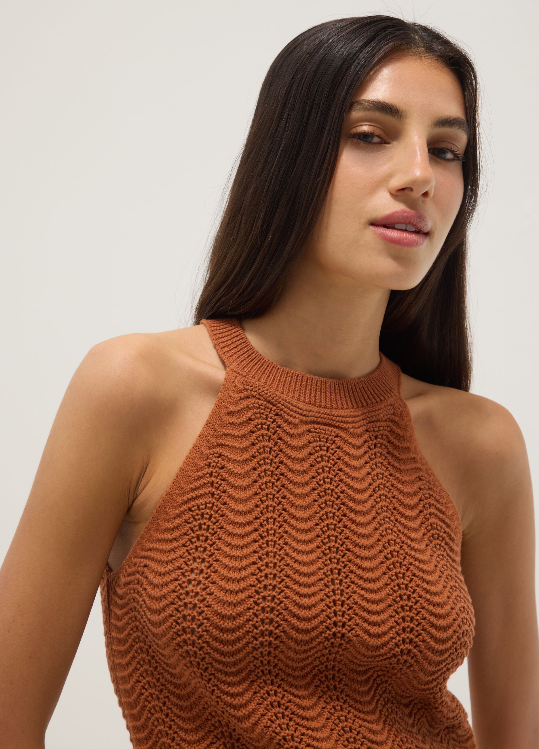 Regular fit orange pure cotton tank top with mesh texture