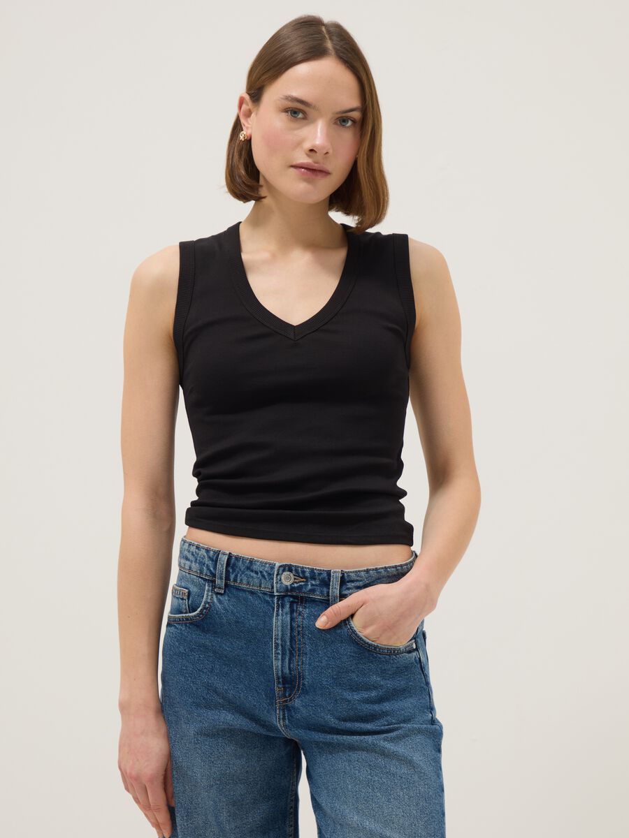 Tank top in puro cotone nero regular fit con collo a V_0