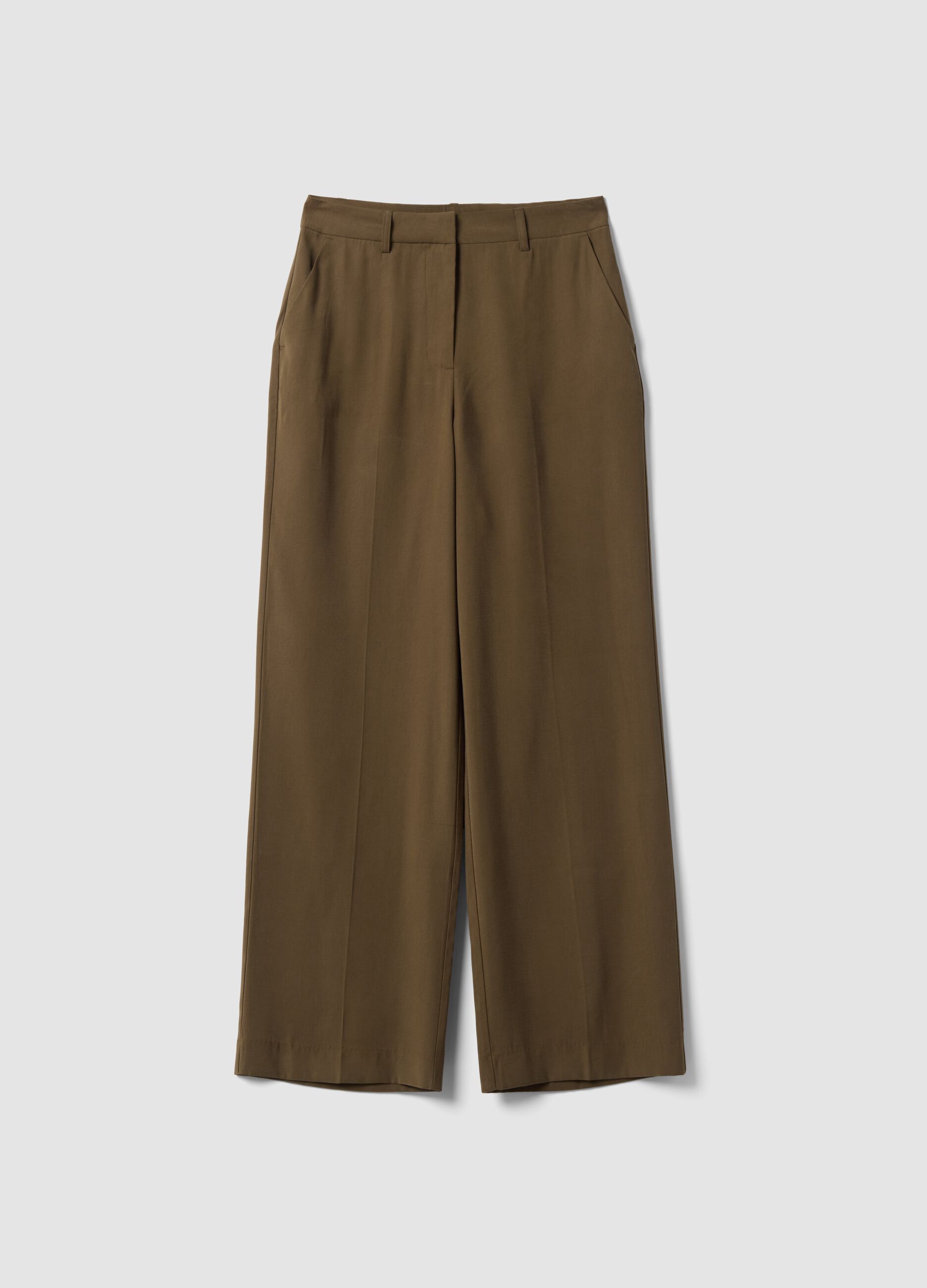 Green viscose-blend straight-leg trousers