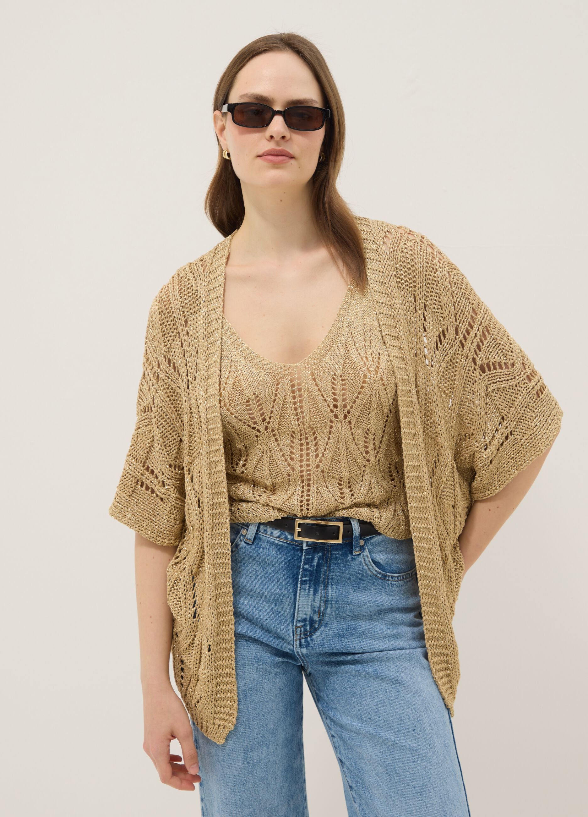 Beige openwork viscose-blend cardigan
