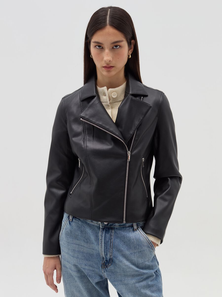 Glossy-effect biker jacket with zip_0