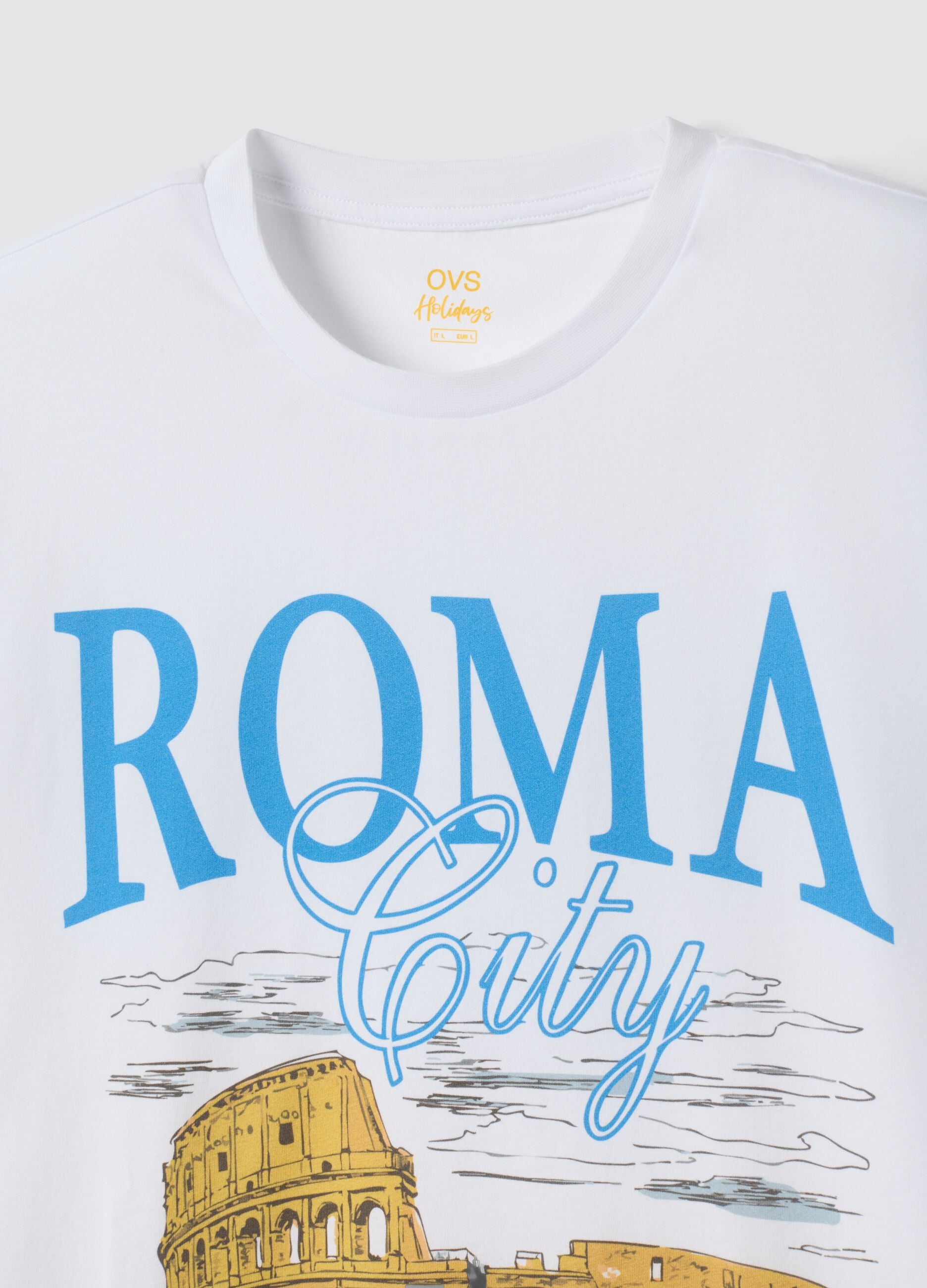 White pure cotton T-shirt with print, regular fit