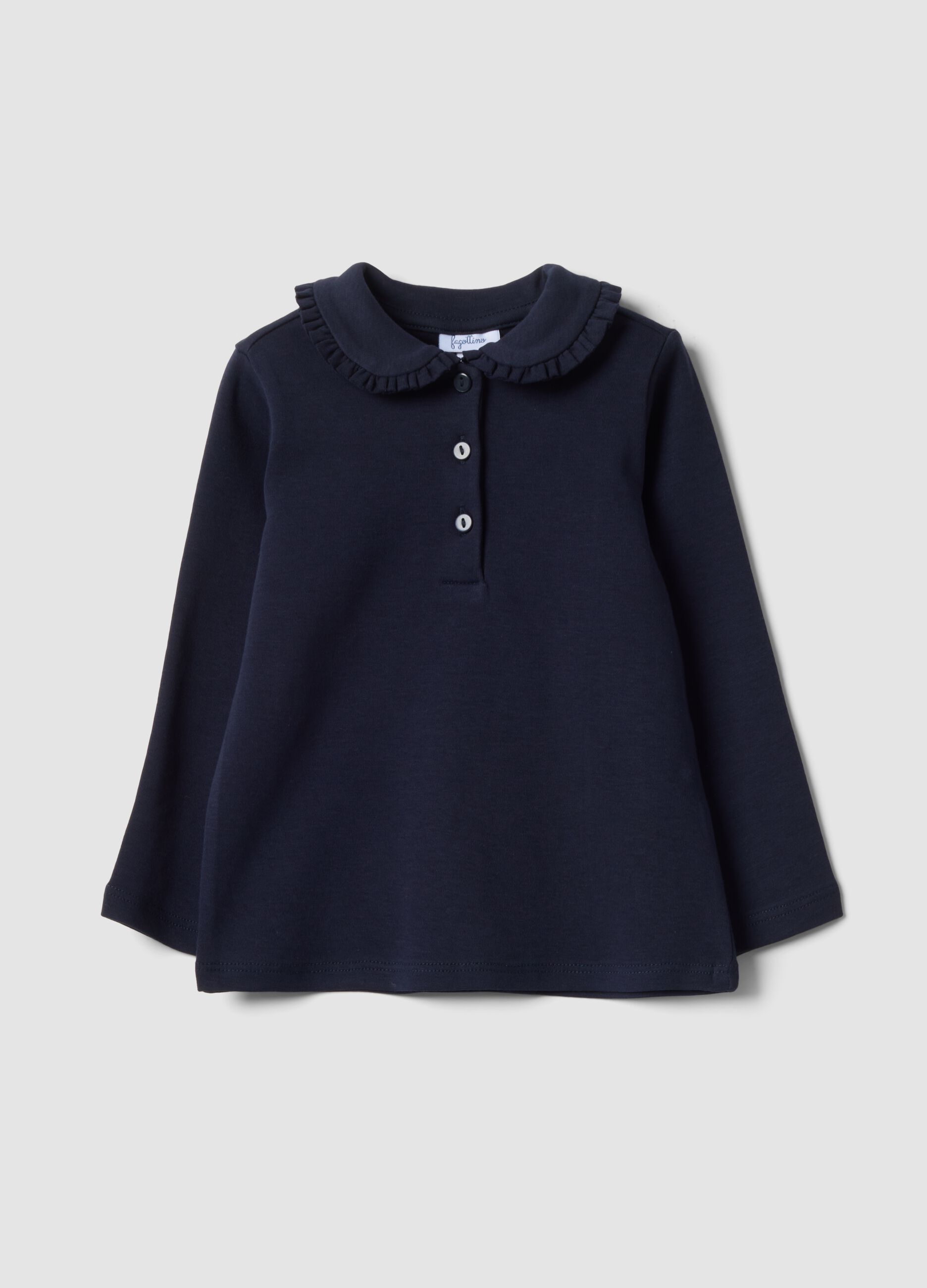 Blue organic cotton polo shirt with ruffled collar
