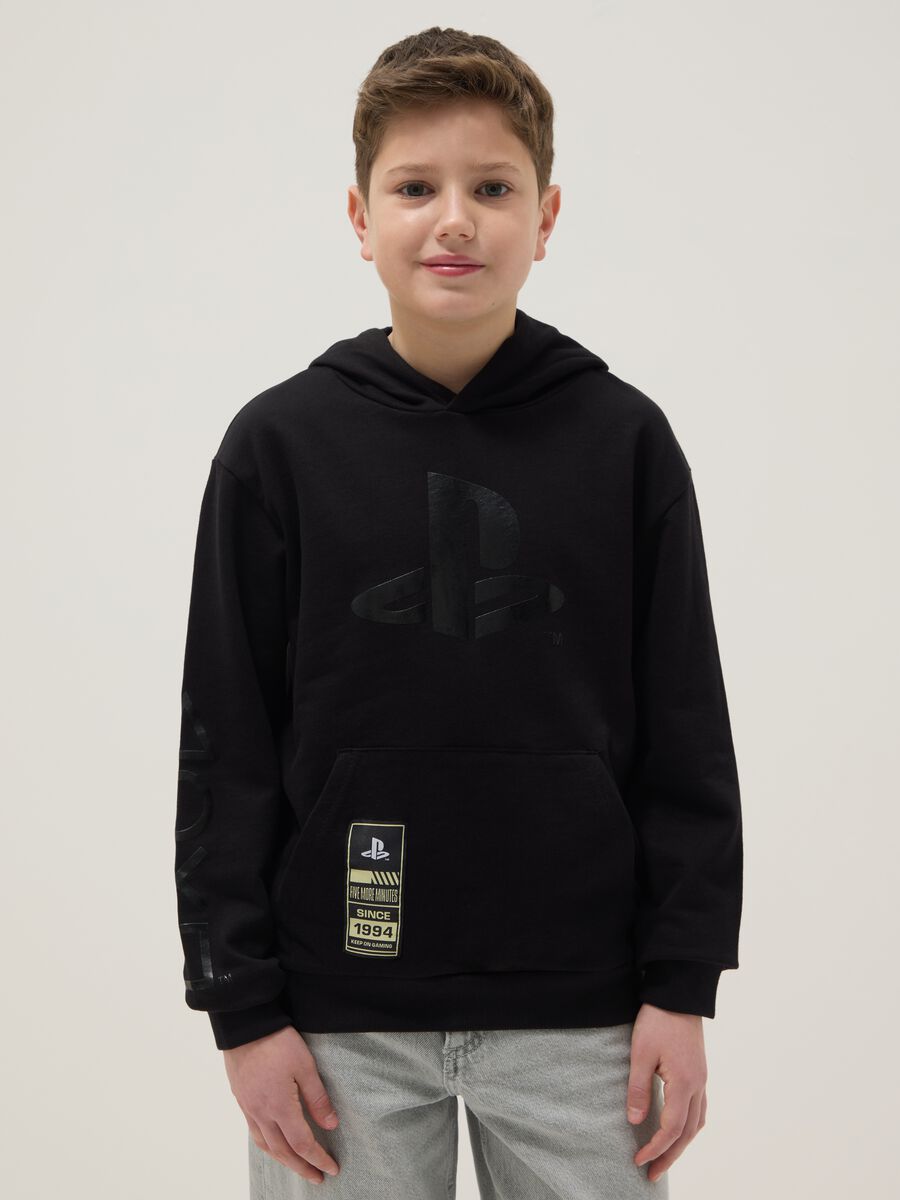 Felpa in puro cotone nera con cappuccio per ragazzi_0