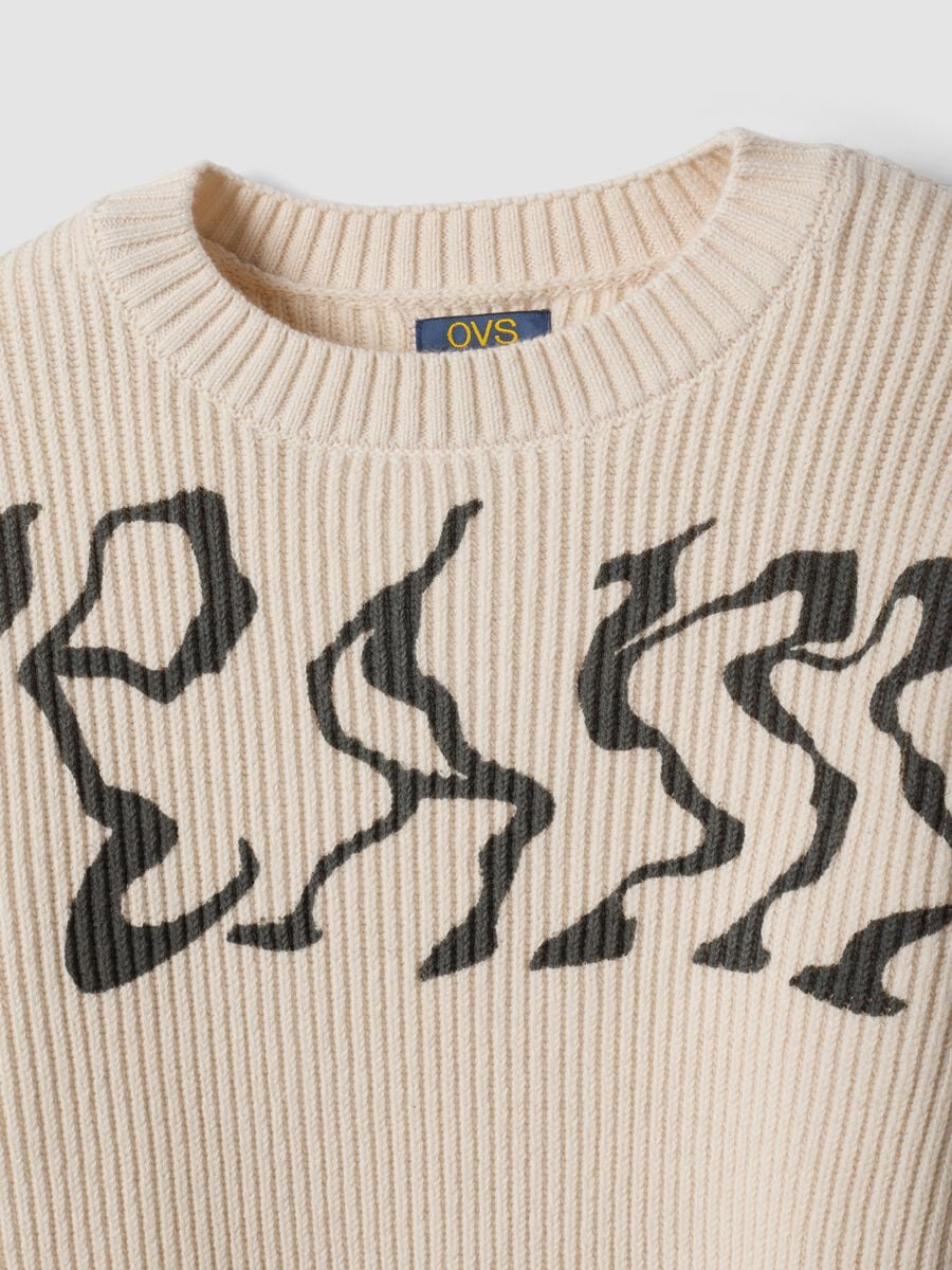 Beige oversized cotton-blend ribbed crew-neck top for boys_1