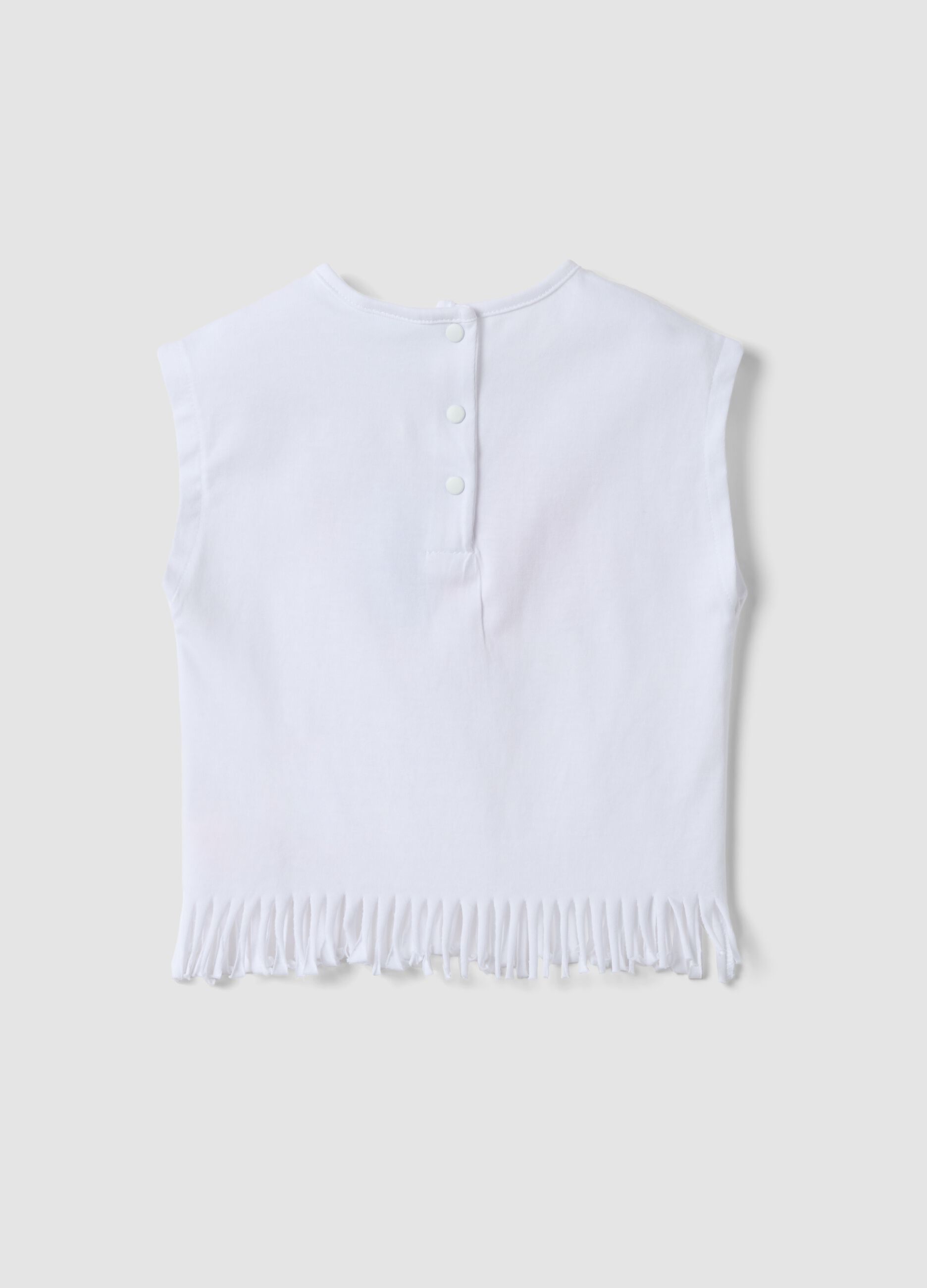 White pure cotton tank top with fringed hem