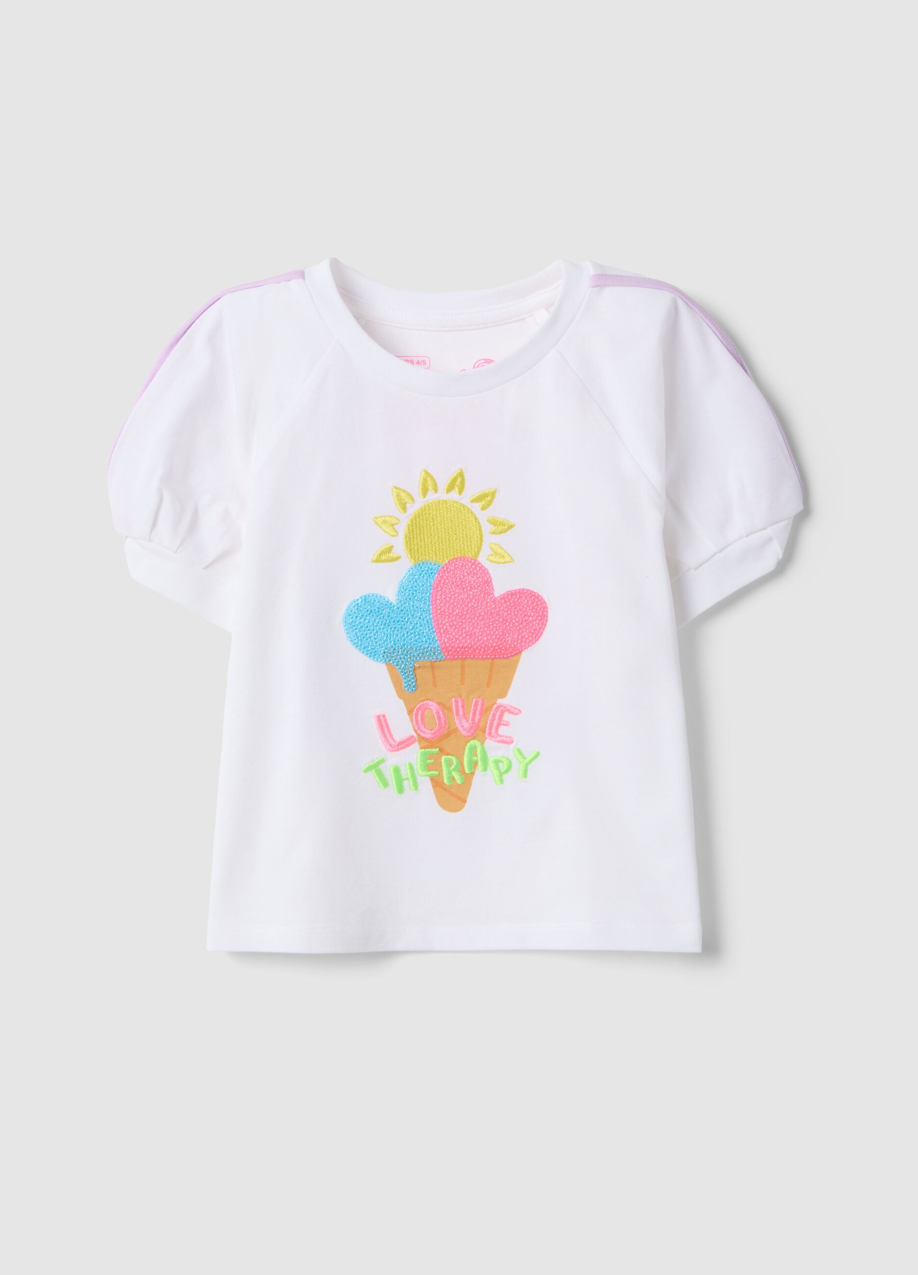 White stretch cotton T-shirt for girls with ice cream print