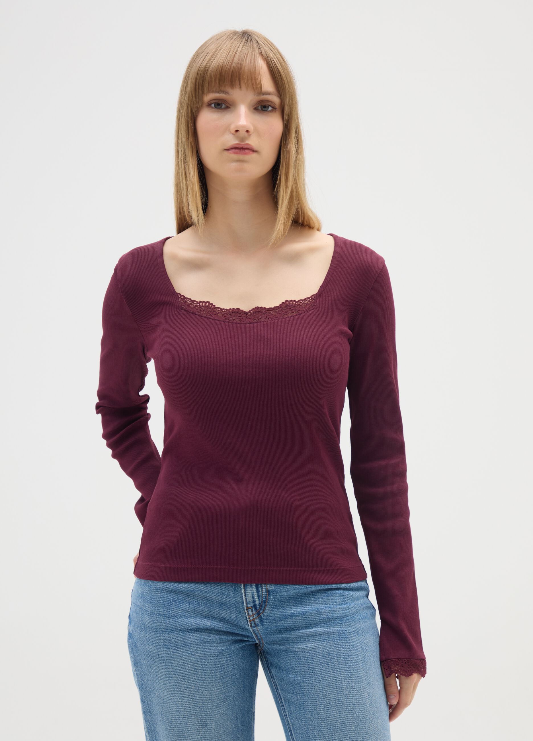 Maglia viola a maniche lunghe in misto cotone