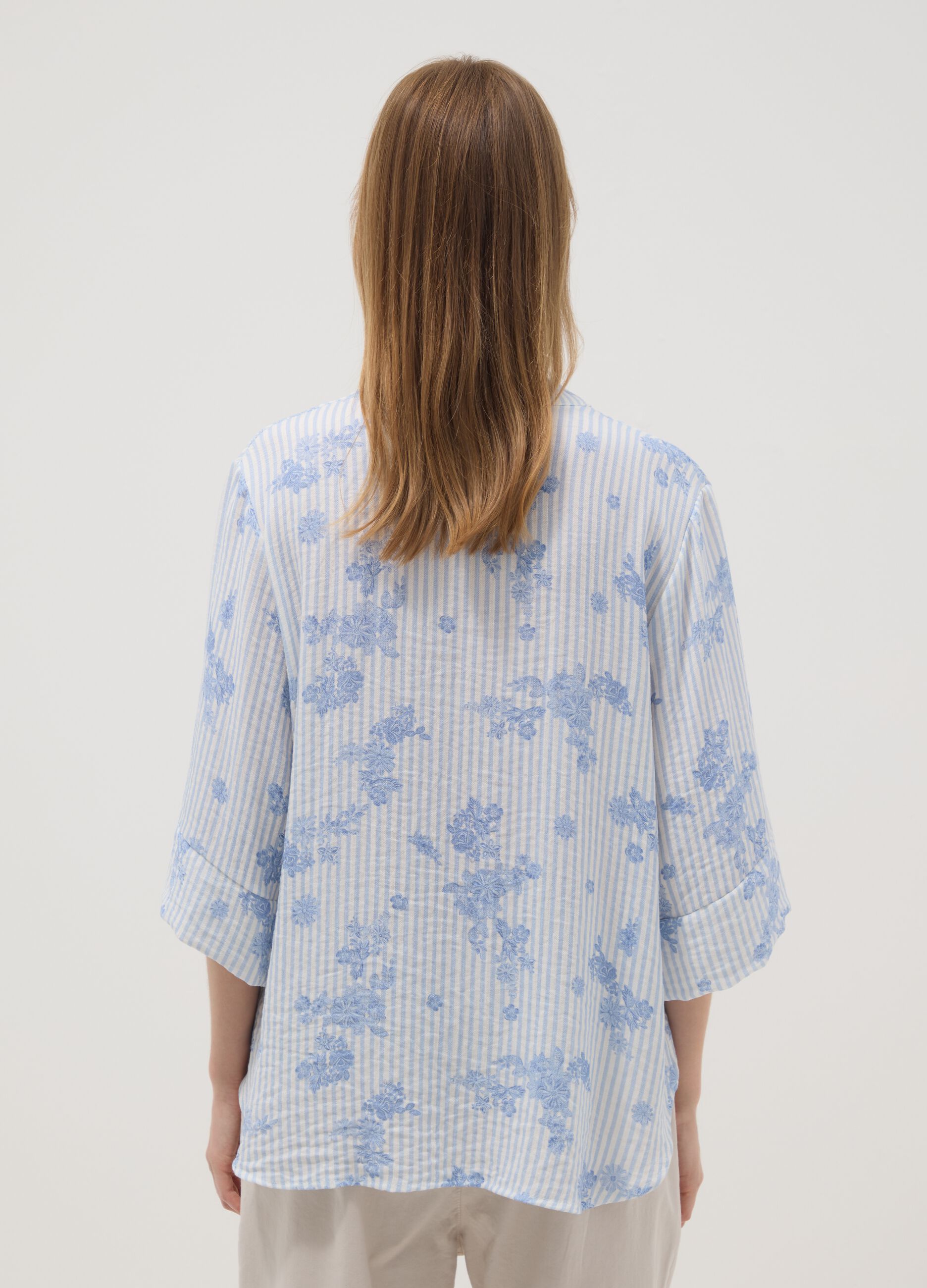 Light Blue Viscose-Blend Blouse with Stripes and Floral Print