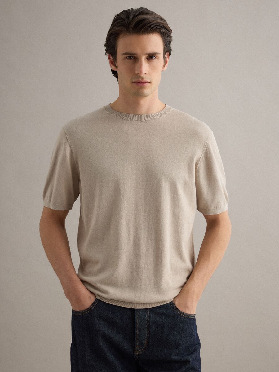 T-shirt a maniche corte in misto cotone, lino e seta beige regular fit_0