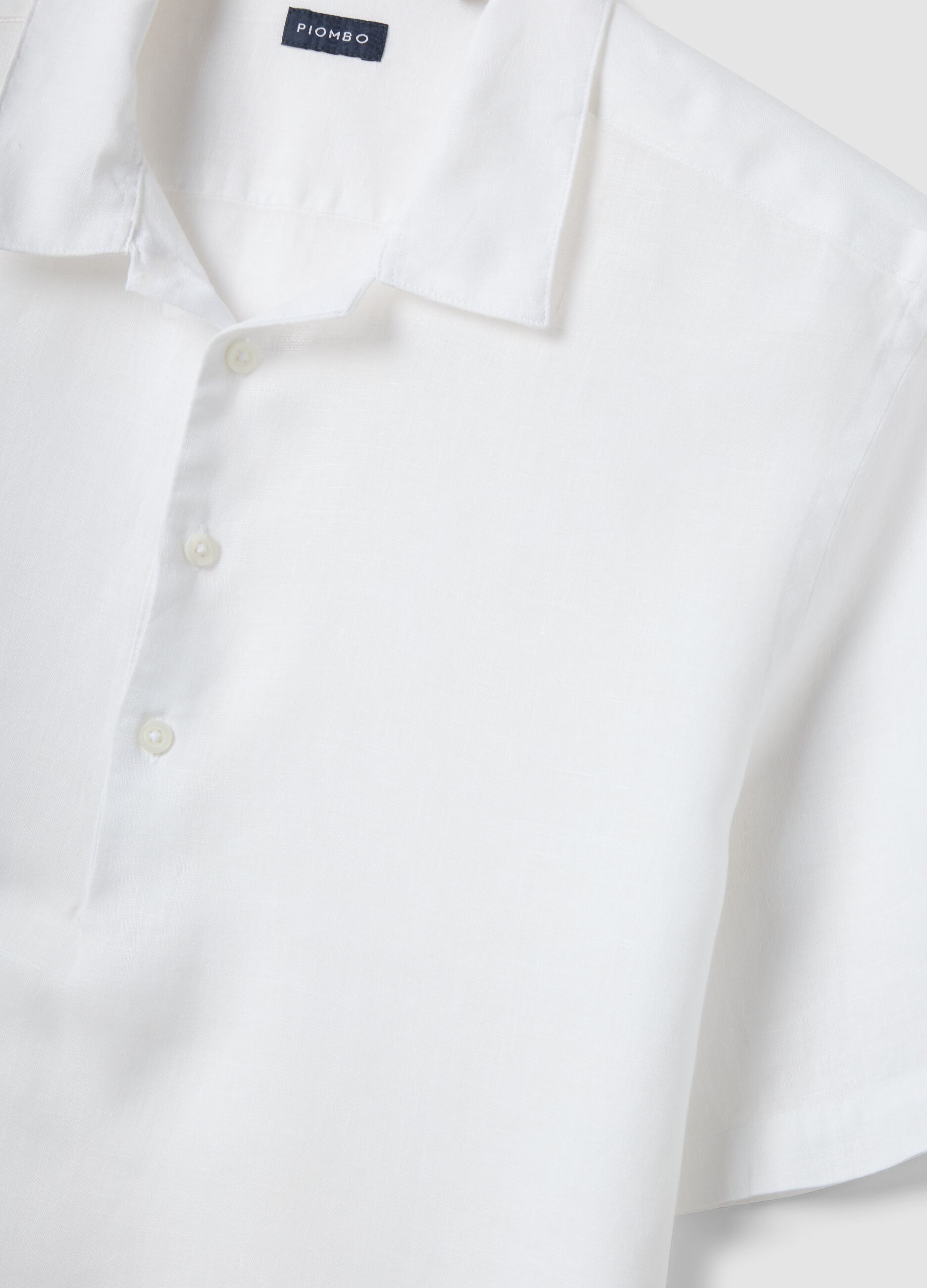 White pure linen regular fit shirt with bowling collar