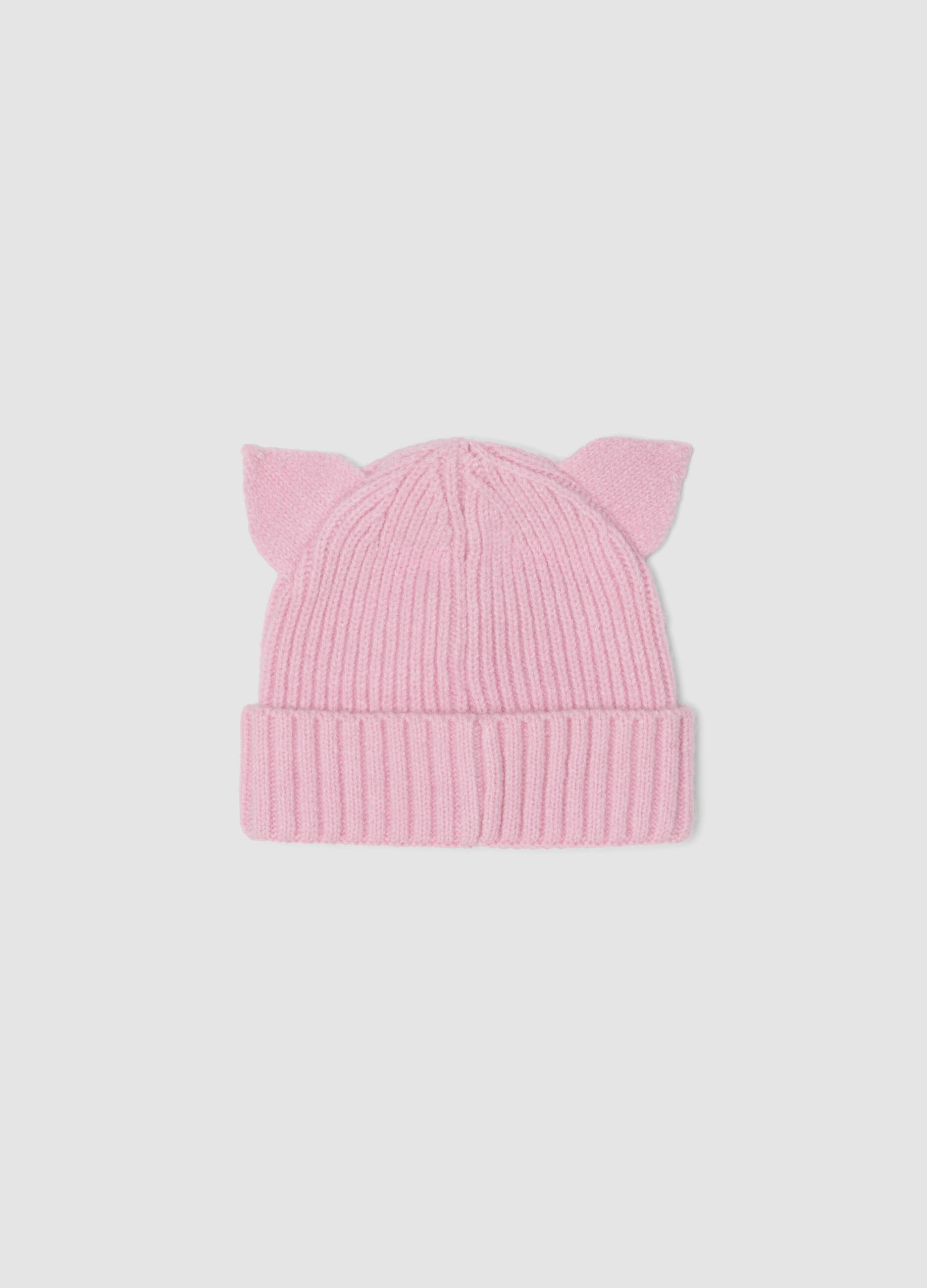 Pink ribbed stretch beanie with Hello Kitty embroidery