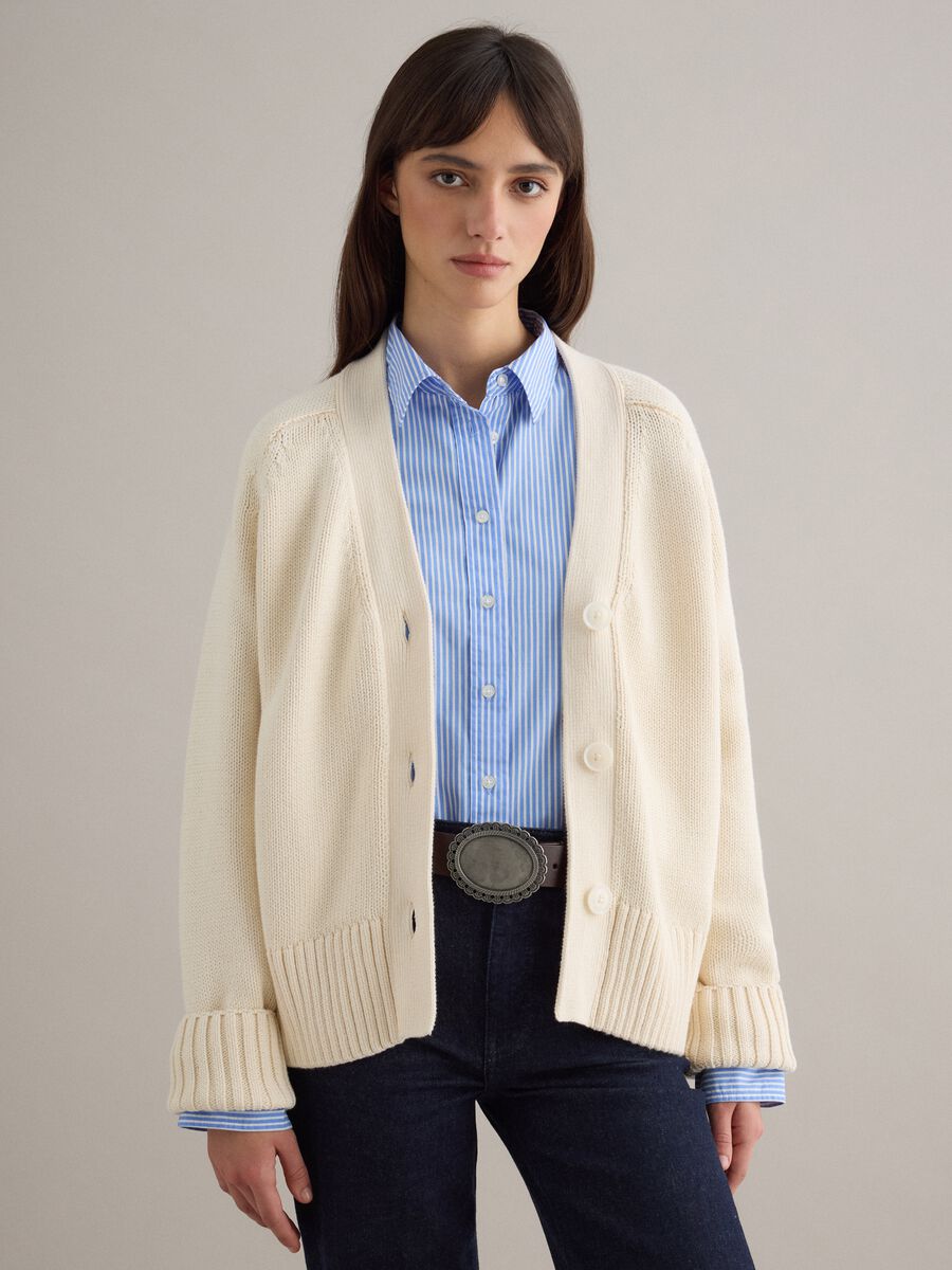 Beige cardigan in pure cotton oversized fit with deep V-neck_1