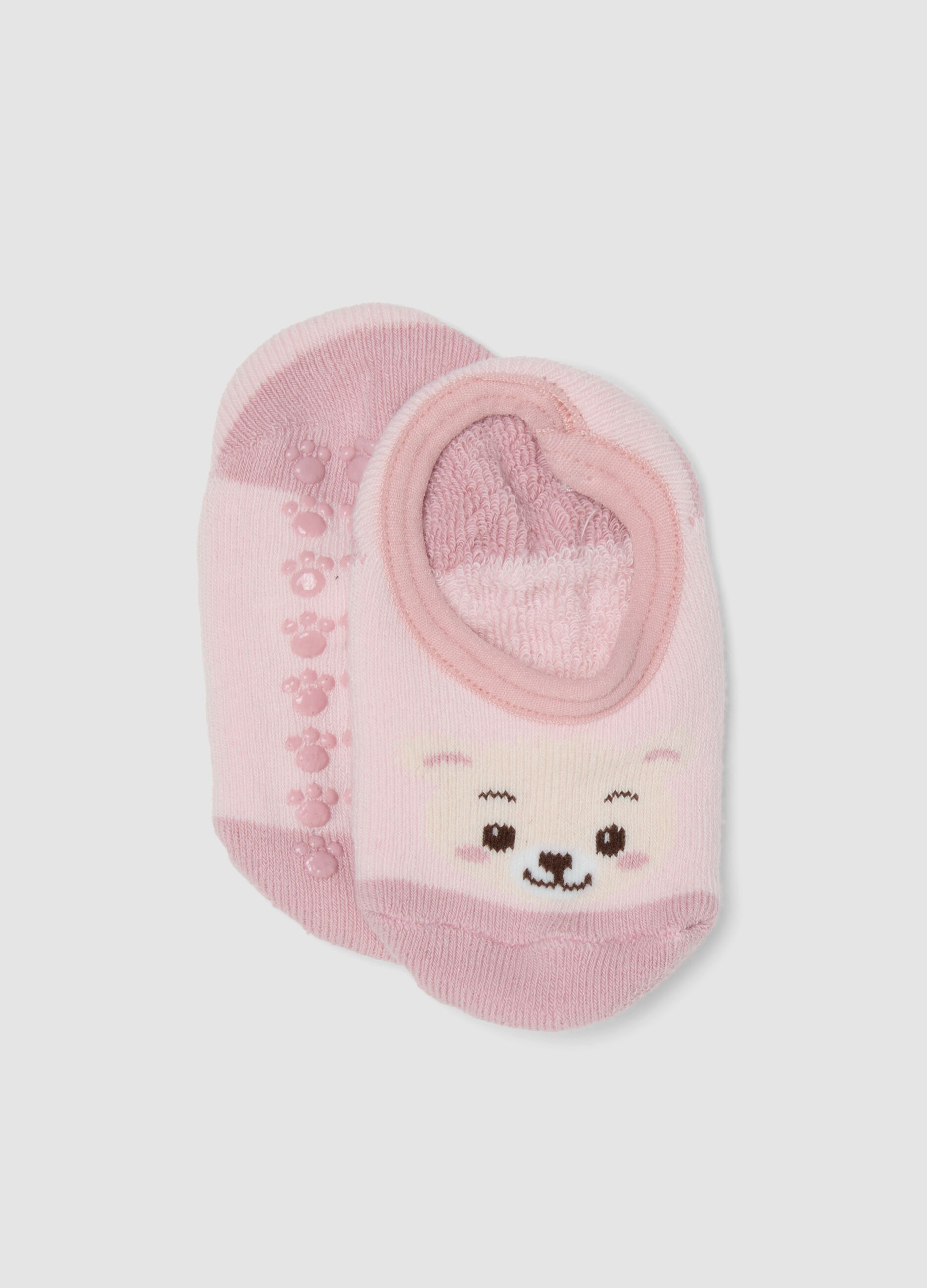 Pink non-slip socks in stretch organic cotton with teddy bear