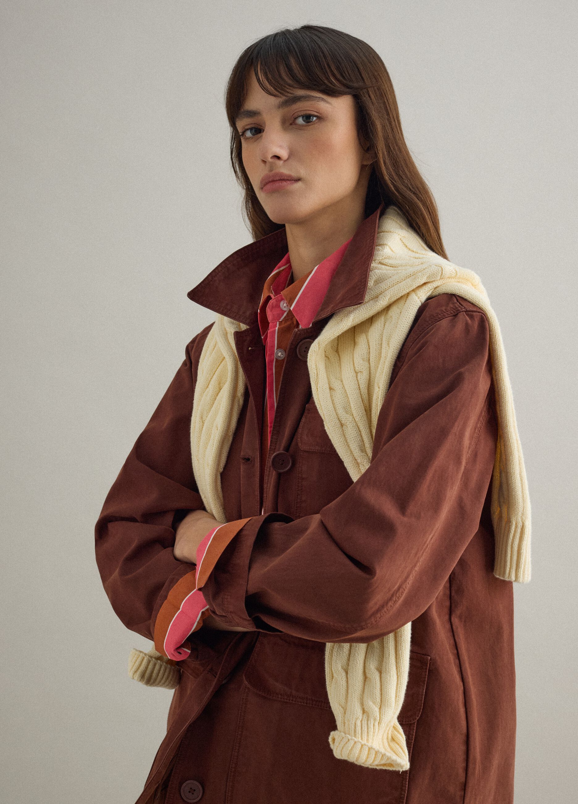 Brown pure cotton regular fit jacket with collar and buttons