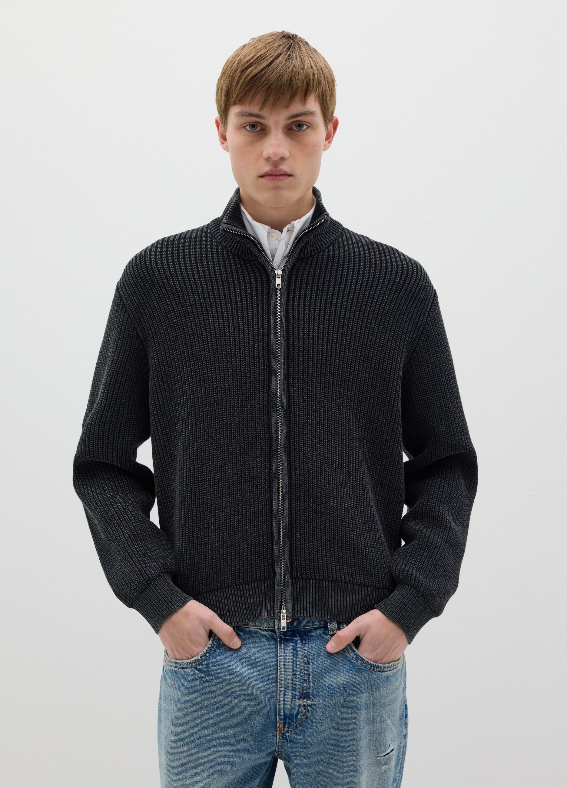 Full-zip cardigan in ribbed cotton
