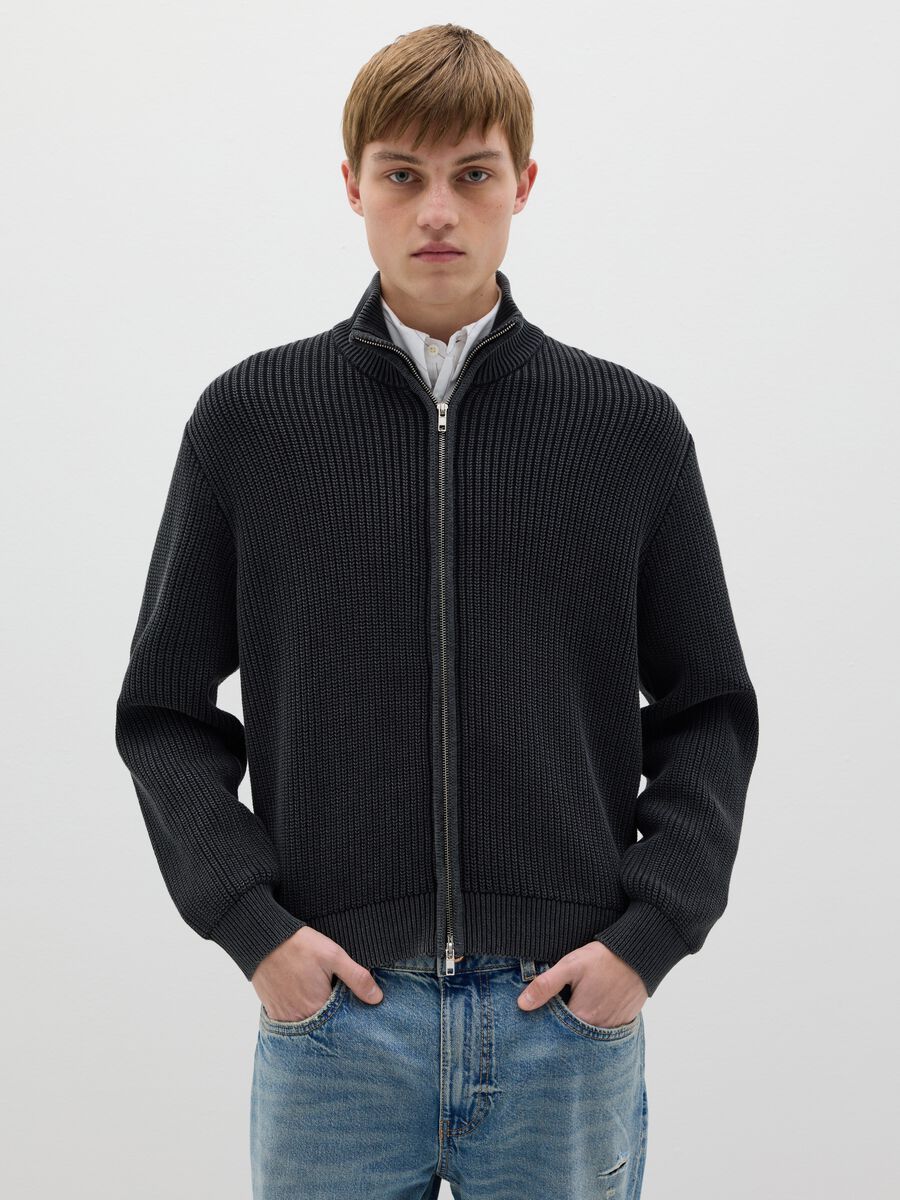 Full-zip cardigan in ribbed cotton_0