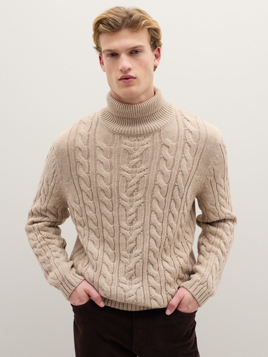 Beige Regular Fit Turtleneck Sweater with Cable Design_1