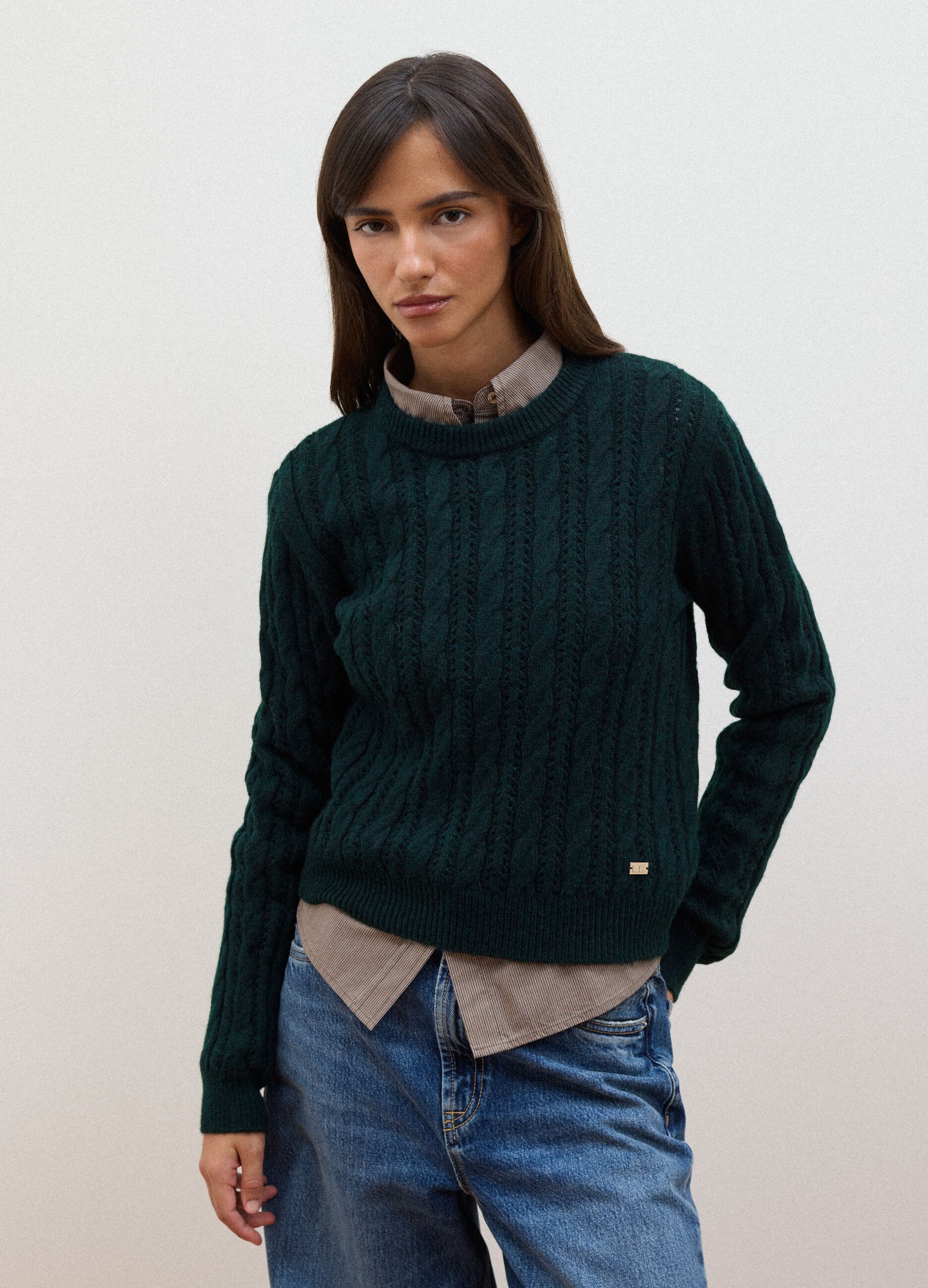 Green crew-neck cable-knit wool-blend jumper, regular fit