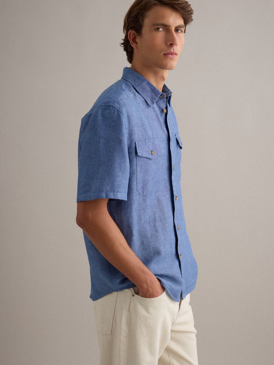 Camicia blu uomo in misto lino e cotone_0