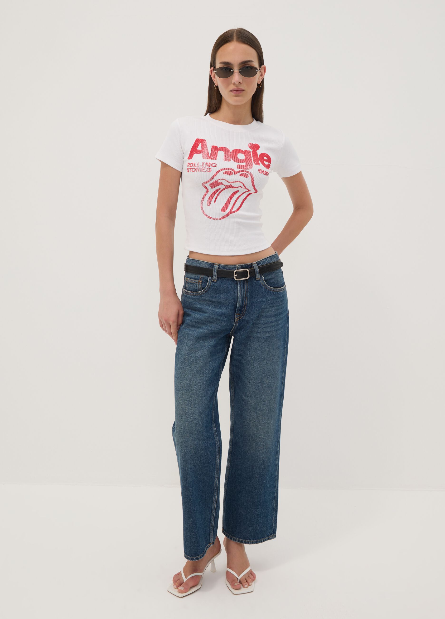 White stretch cotton T-shirt with Rolling Stones print