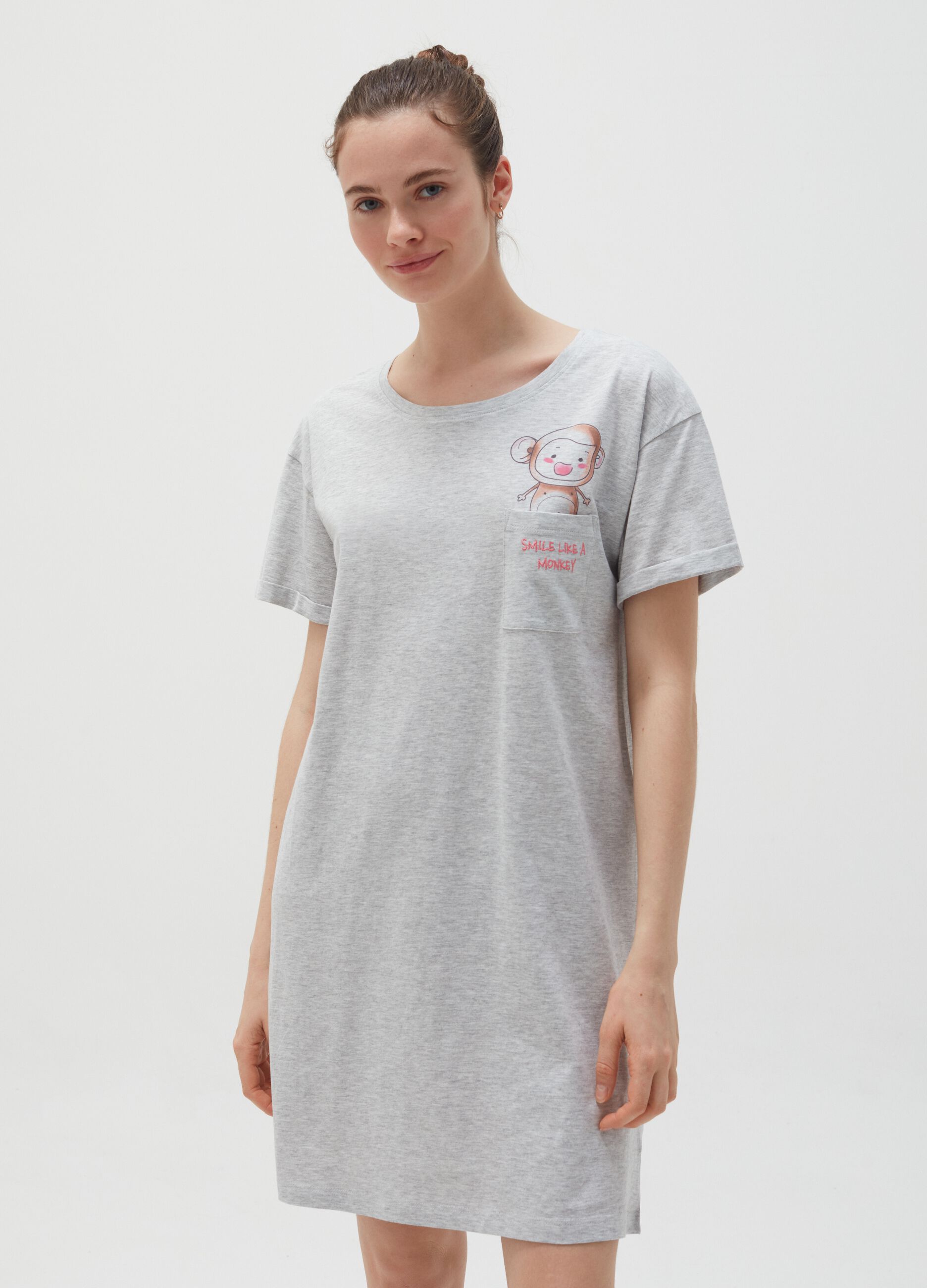 Viscose and cotton nightdress with pocket