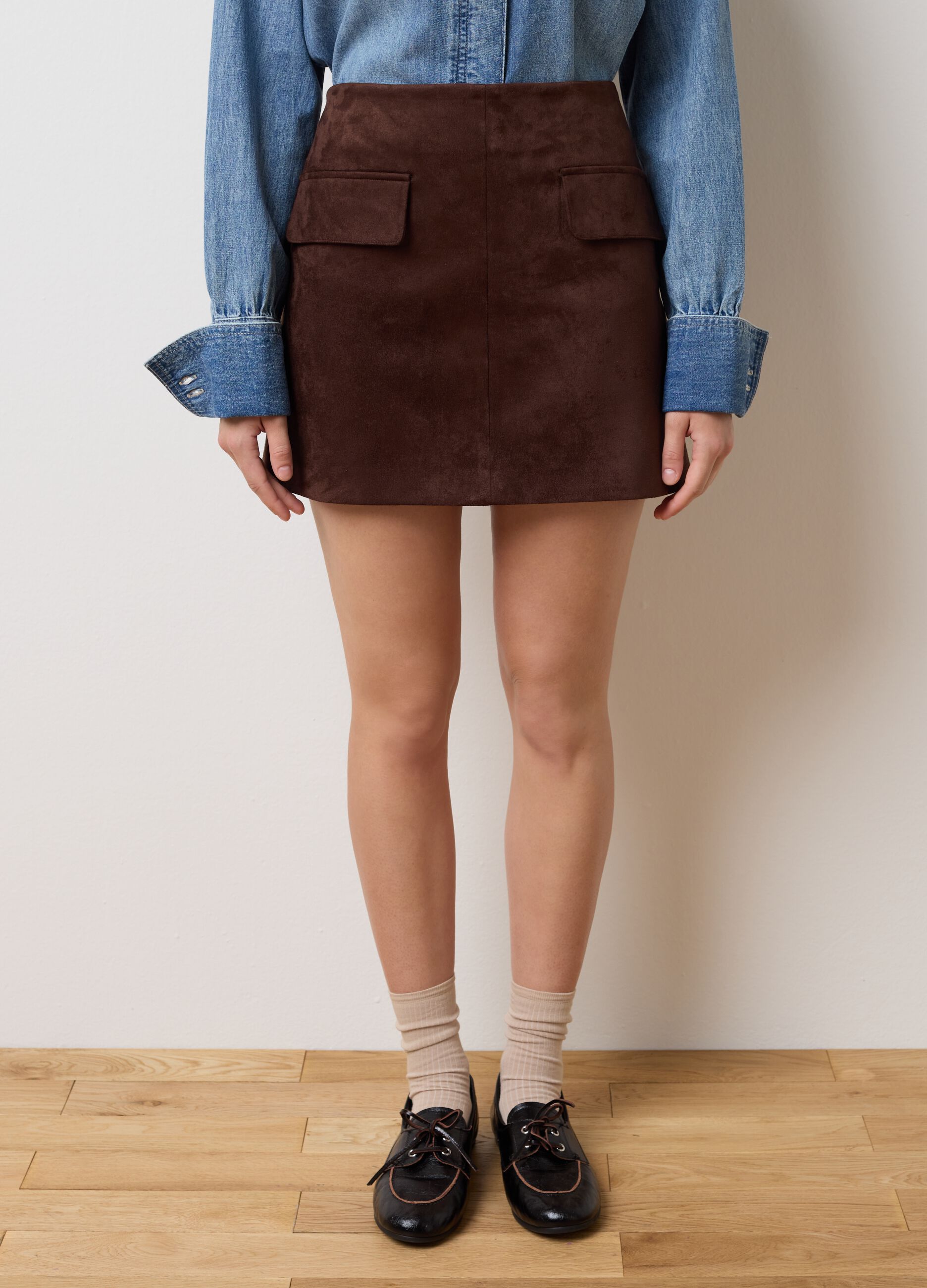 Brown stretch fabric skirt regular fit