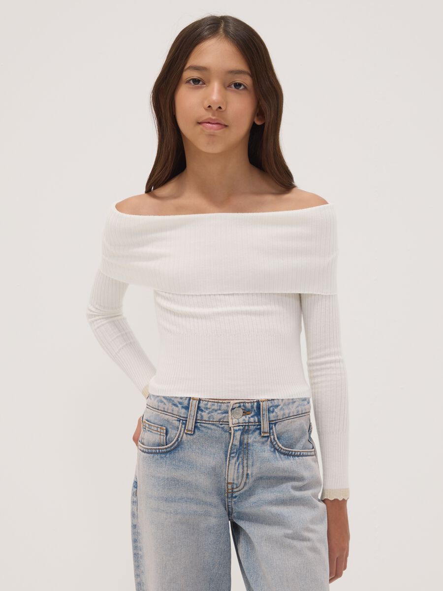 White viscose-blend fitted boat-neck top_0