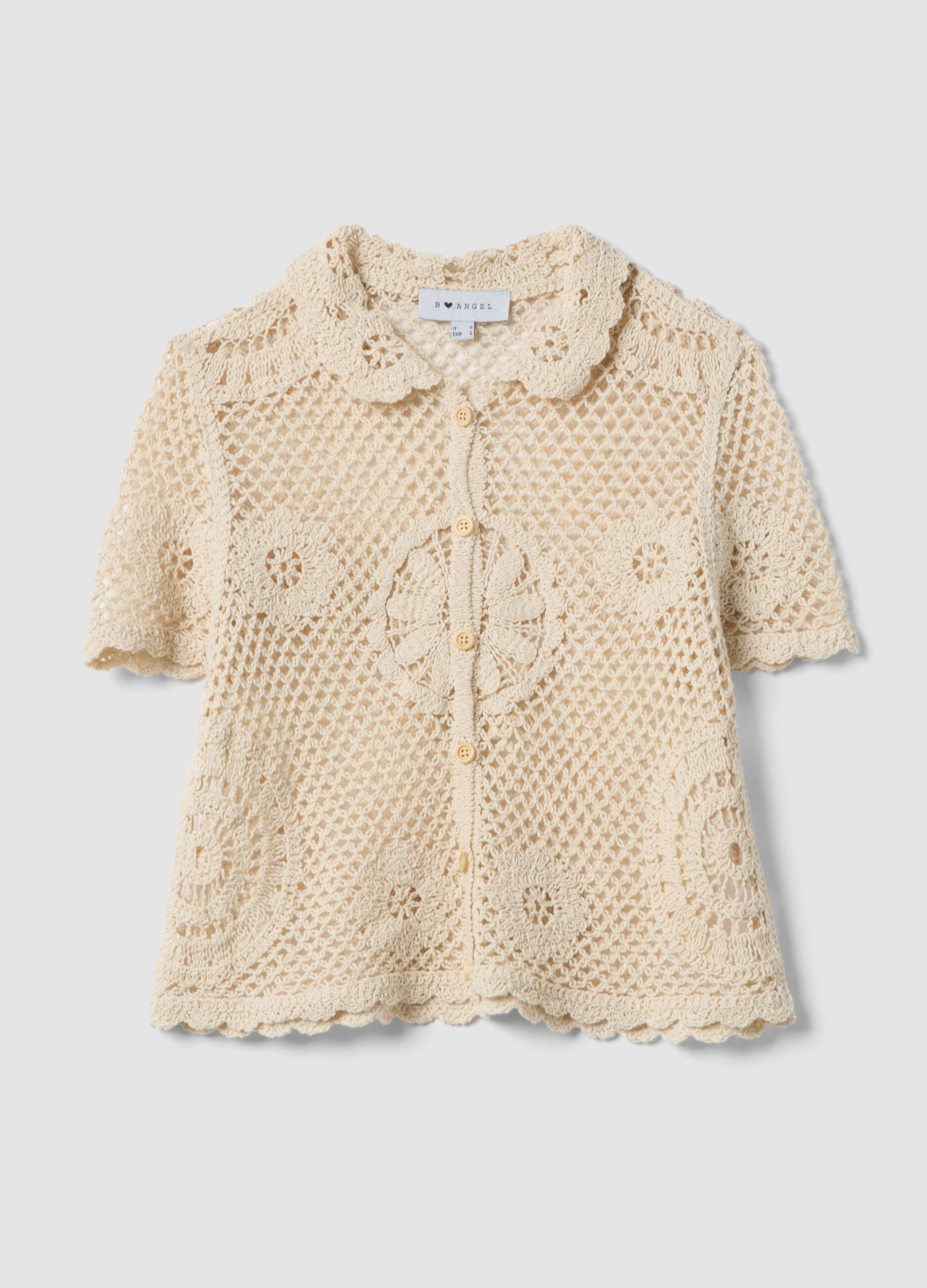 Beige cotton-blend regular-fit shirt with knitted detailing