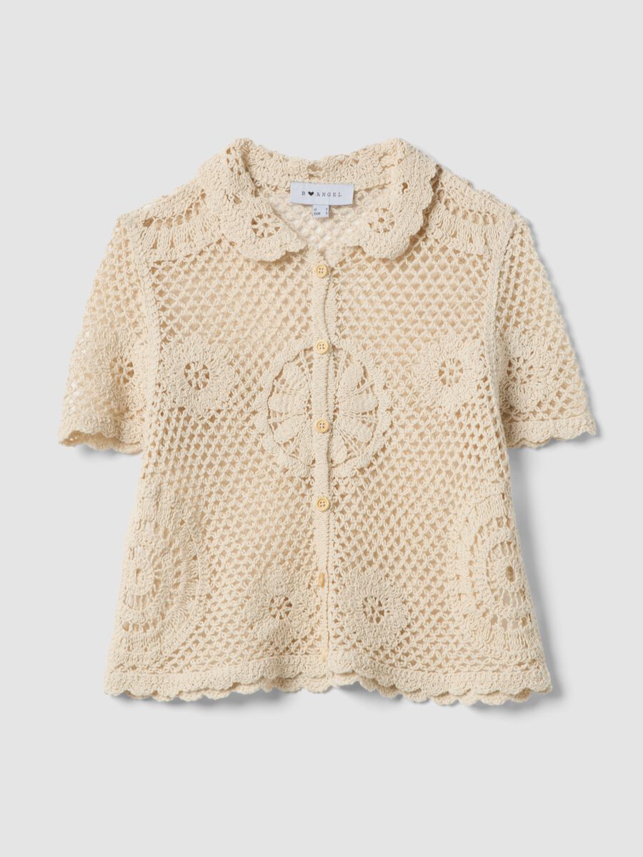 Camicia in misto cotone beige regular fit con lavorazione a maglia_0