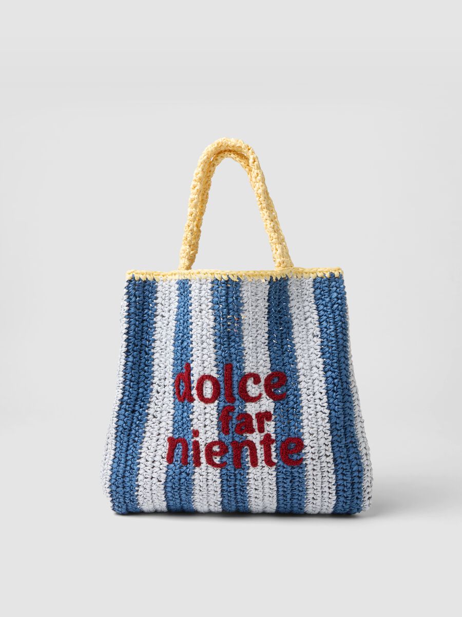 Borsa mare a righe multicolor in puro tessuto carta con scritta_0