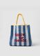 Multicoloured striped beach bag in pure paper fabric with slogan_0