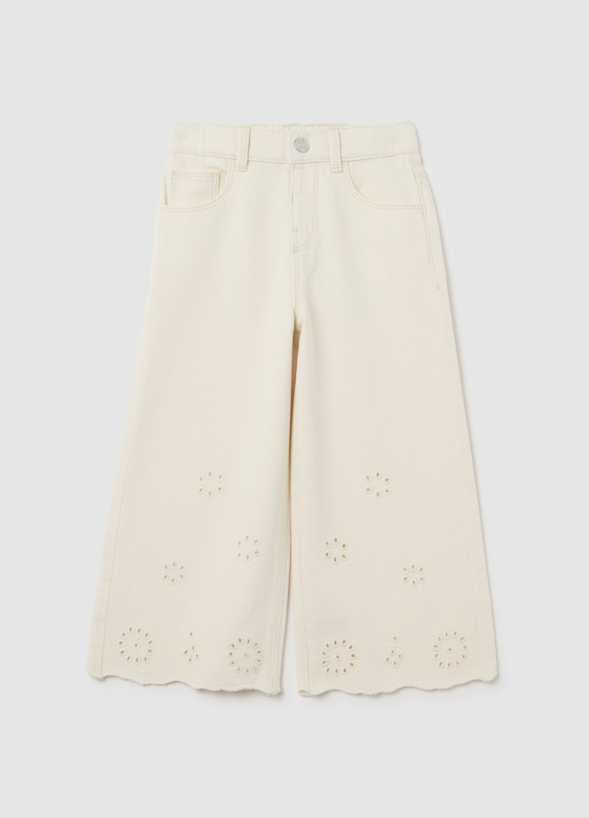 Drill trousers with openwork floral embroidery