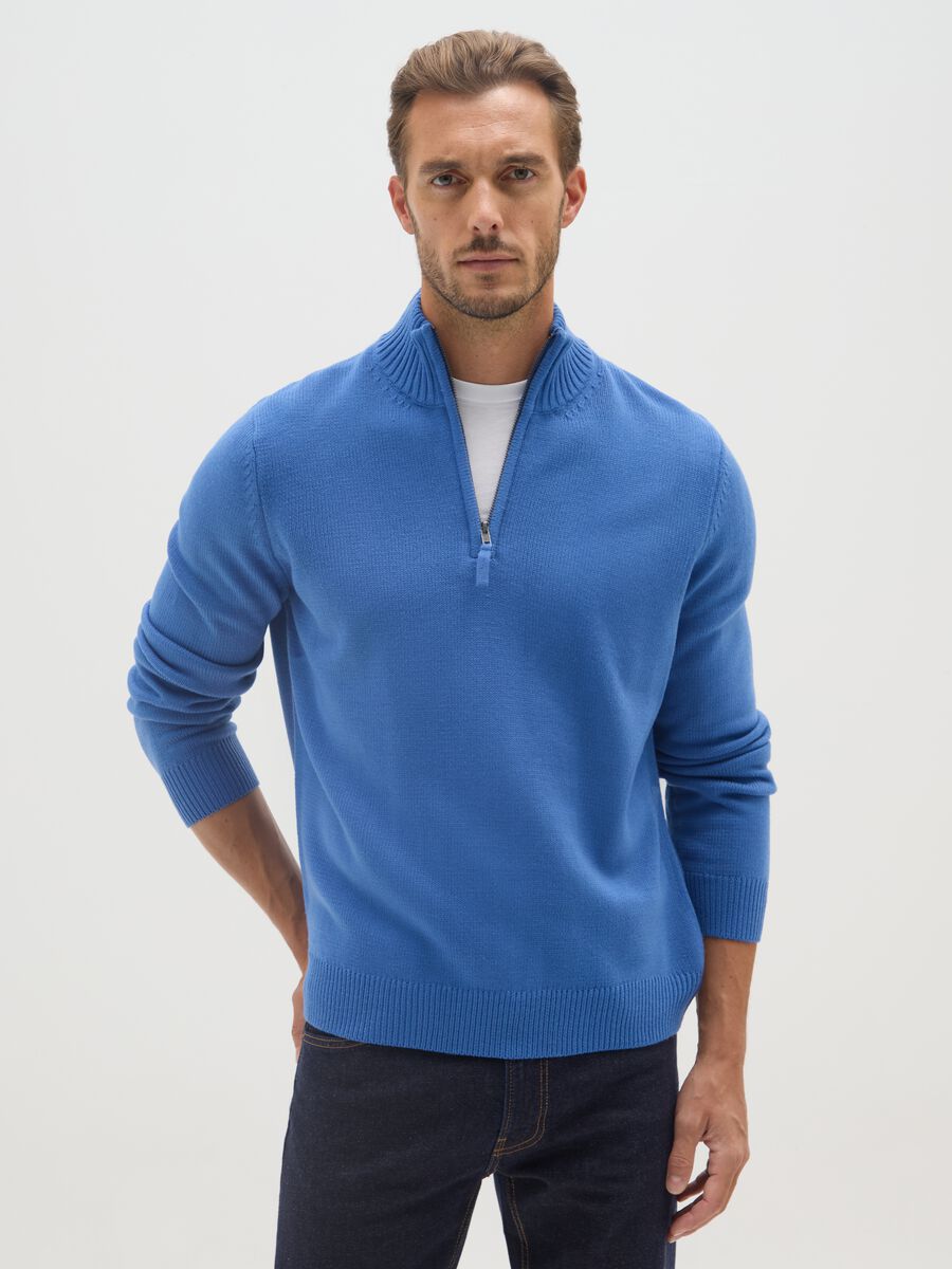 Blue turtleneck sweater regular fit with short zip_0