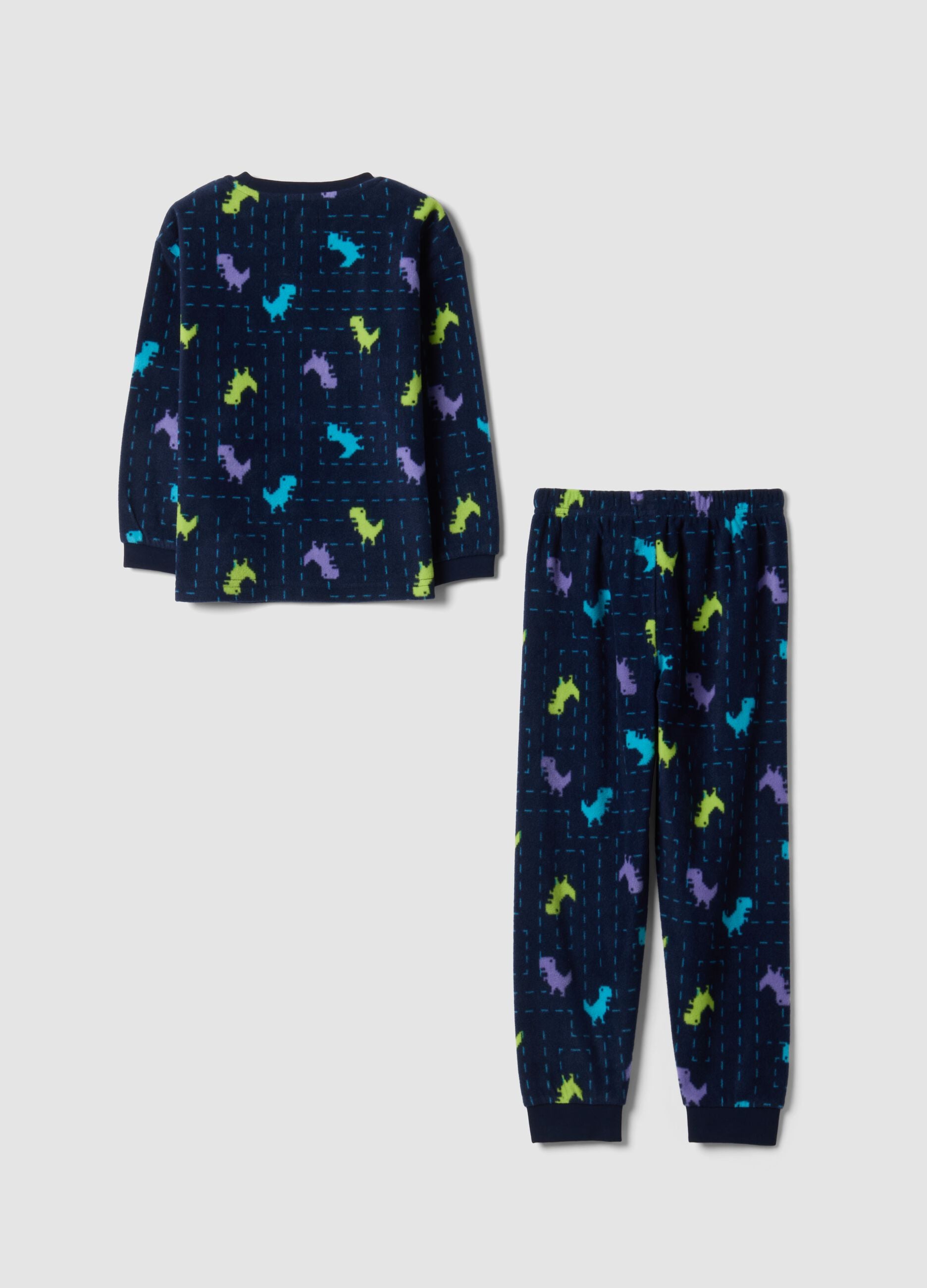 Blue regular-fit fleece pyjamas with crew neck and dinosaur print